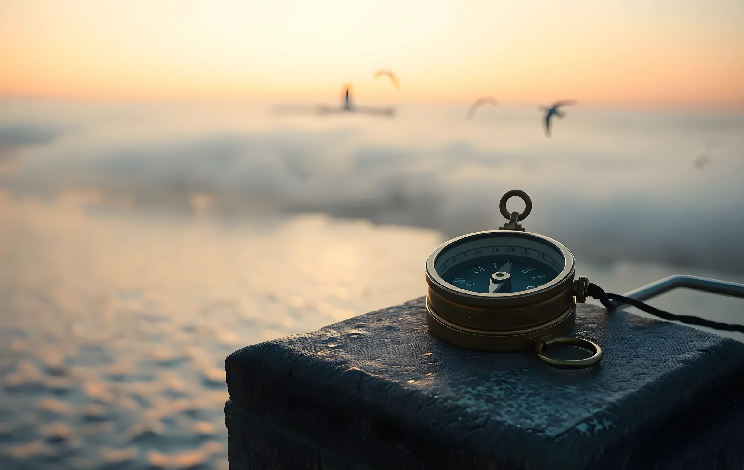 A weathered brass compass resting on a thick stone parapet overlooking a wide calm sea at dawn, the lighthouse beam cutting through low fog in the far distance, gulls scattered across a pale amber sky, the entire scene bathed in soft early-morning light with no visible text or markings anywhere
