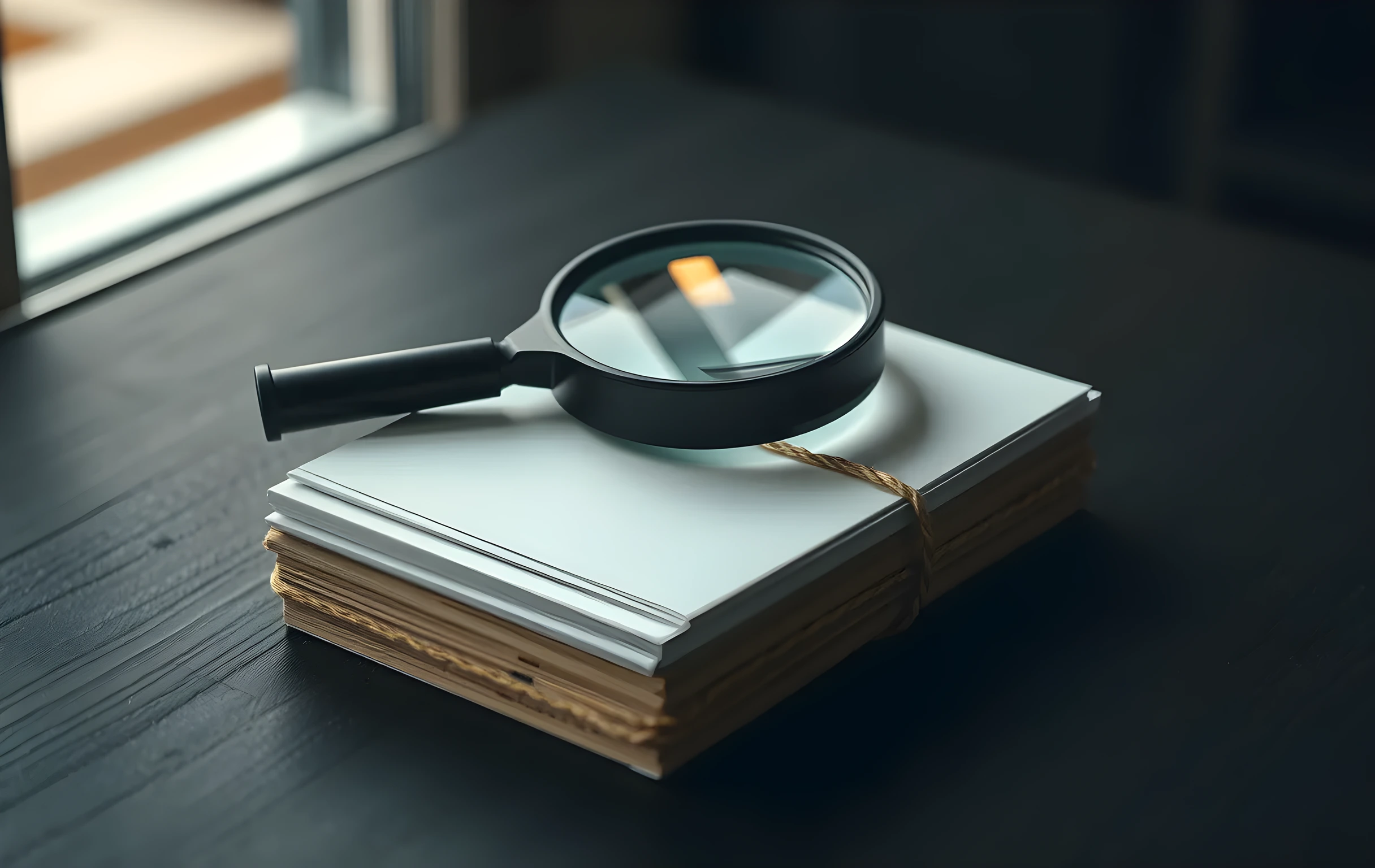 A heavy magnifying glass lying at a slight angle on top of a neat stack of aged blank index cards bound together with natural twine, the glass lens catching a warm sliver of window light against a deep green felt surface, shallow depth of field softening the background into muted shadow
