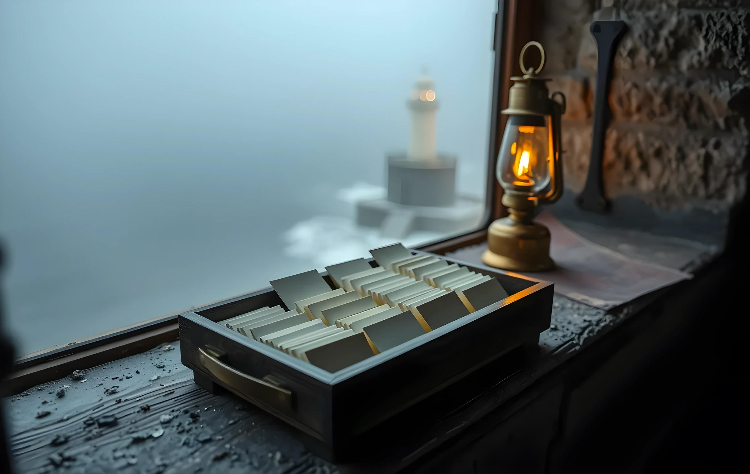 A weathered wooden card-catalog tray with blank index tabs sits on a rough stone windowsill inside an old lighthouse keeper's room at dawn. Beyond the window, thick grey Atlantic fog swallows the sea and a faint lighthouse beam sweeps through the mist. A small brass oil lamp casts warm amber light across the wood grain of the tray. The scene is wide, moody, and quiet, with no readable text on any surface