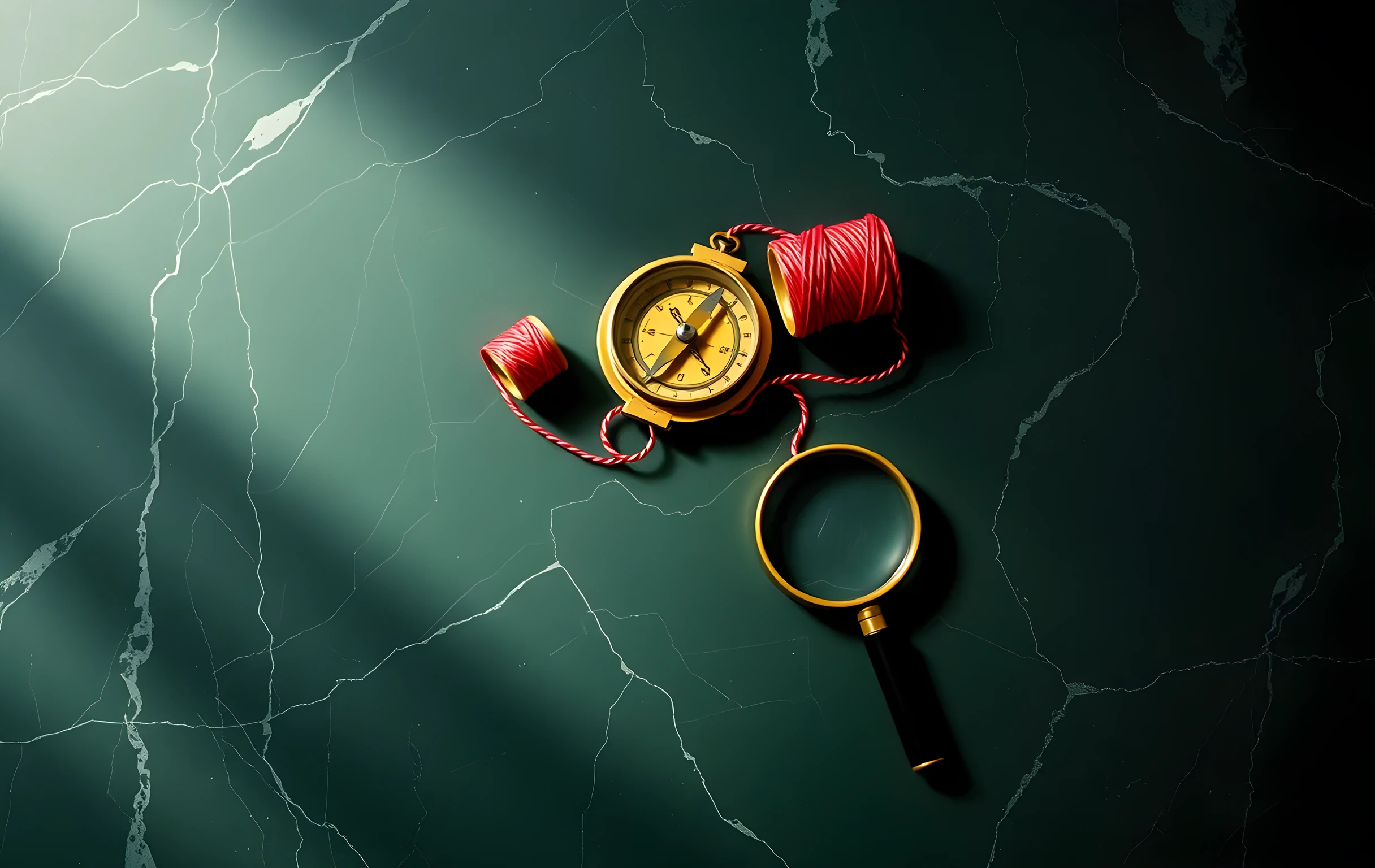 A close-up still life on a slab of dark green marble: an open brass compass with its needle resting, a spool of red twine, and a single magnifying glass laid across the edge of the frame. One warm directional light creates long soft shadows across the veined stone. The patina on the brass catches golden highlights. No text, no hands, no screens, just weight, texture, and quiet precision