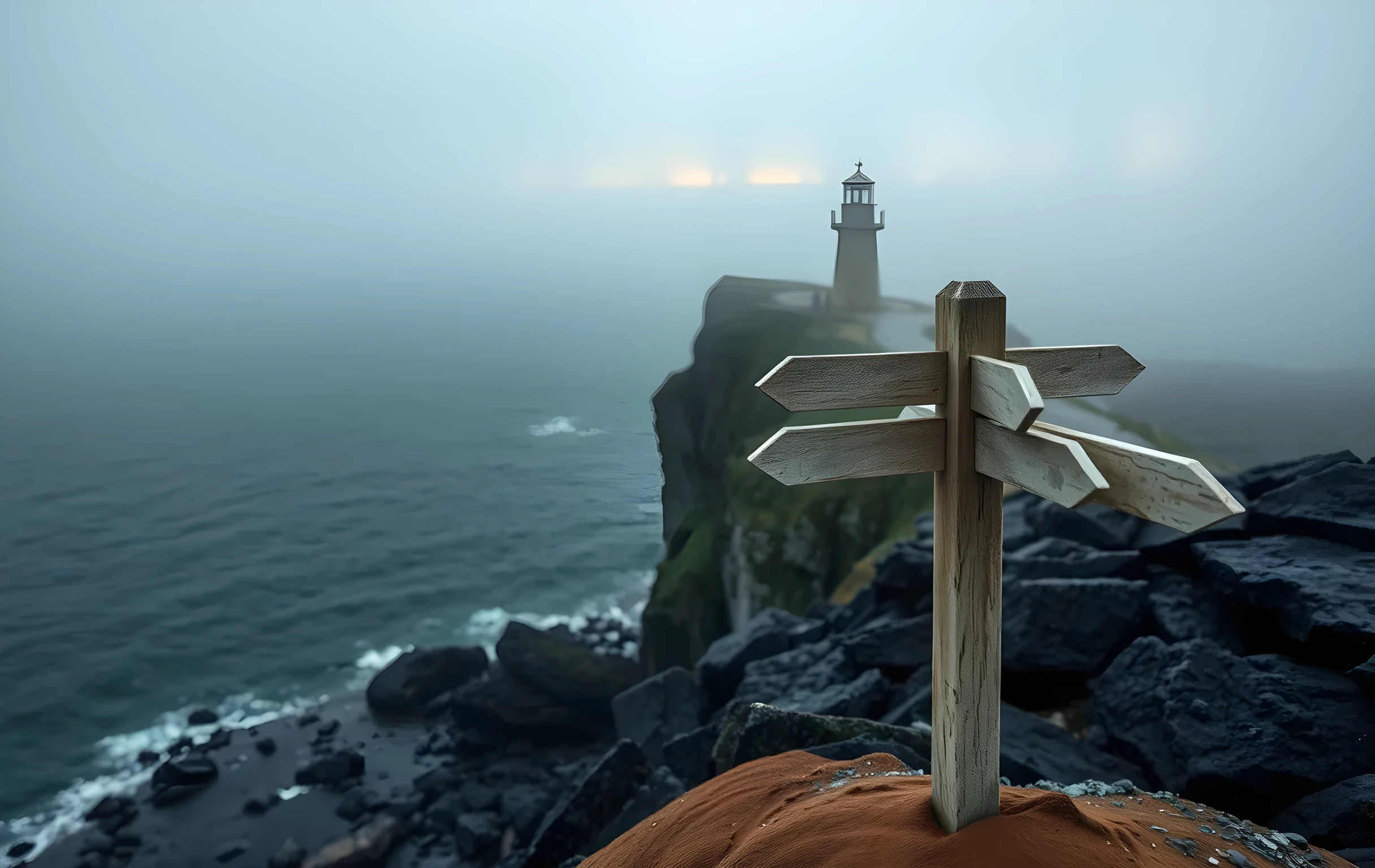 A wide coastal landscape at first light: a weathered stone lighthouse stands on a rugged cliff overlooking a vast grey-green sea wrapped in low fog. At the base of the cliff, an old wooden signpost with three arms points in different directions, its paint faded to pale cream. The tide pulls back over dark wet rocks below. Muted palette of slate blue, warm sand, and soft amber light breaking through mist at the horizon