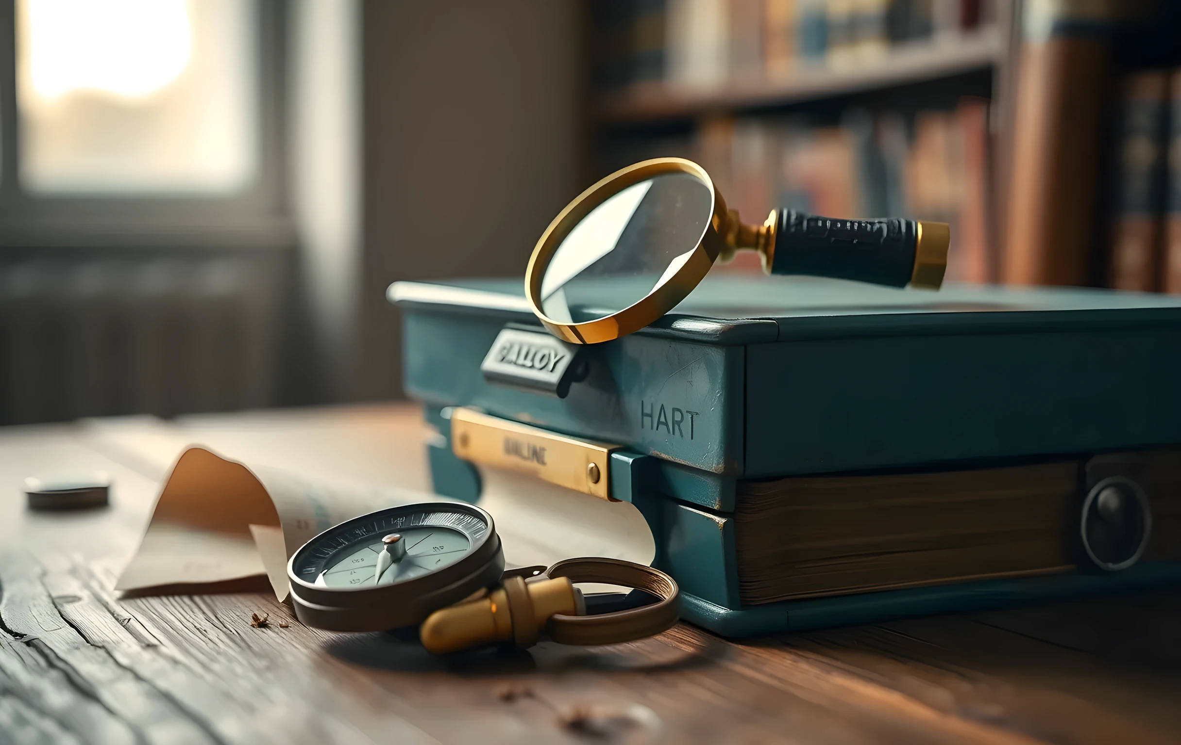 A close-up still life on a worn oak surface: a heavy brass magnifying glass with a leather-wrapped handle rests atop a thick stack of hand-indexed card catalog drawers in faded green metal. Beside it, a small round compass with an aged face and a tightly folded paper map with creased folds. Warm directional light from the left catches the brass rim and casts long soft shadows across the wood grain. No text visible on any surface