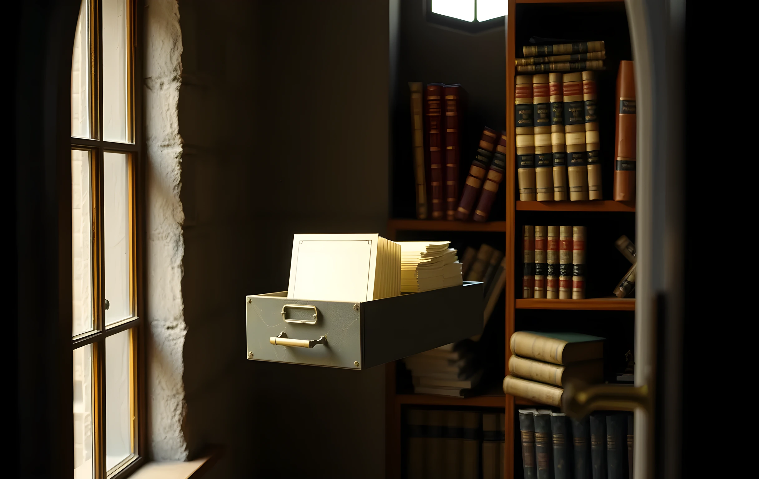A tall arched window in a quiet stone archive room casts a warm diagonal beam of light across a row of old brass-carded catalog drawers, one drawer pulled halfway open revealing blank cream index cards, leather-bound volumes stacked on a wooden shelf receding into soft shadow behind the unit, fine dust motes suspended in the light shaft, muted earth tones and amber highlights, no text visible anywhere