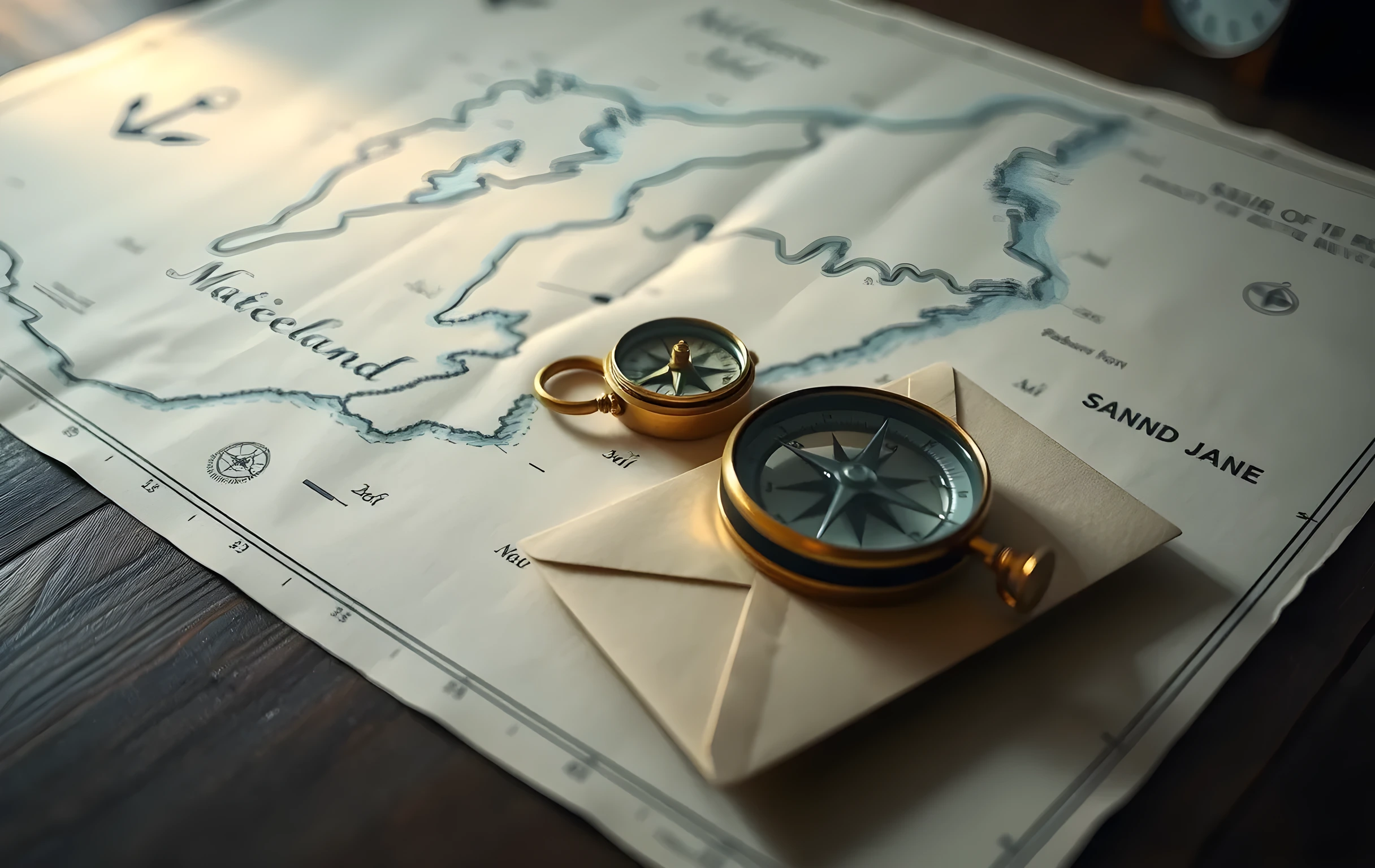 A small polished brass compass resting on a large hand-drawn nautical chart spread across a dark walnut tabletop, the needle angled toward a sketched coastline of jagged headlands and anchor symbols, a round magnifying glass lying at an angle beside the compass catching a thin sliver of golden light, a folded wax-sealed envelope tucked under the chart's edge, warm intimate lighting from one side, no text or letters visible