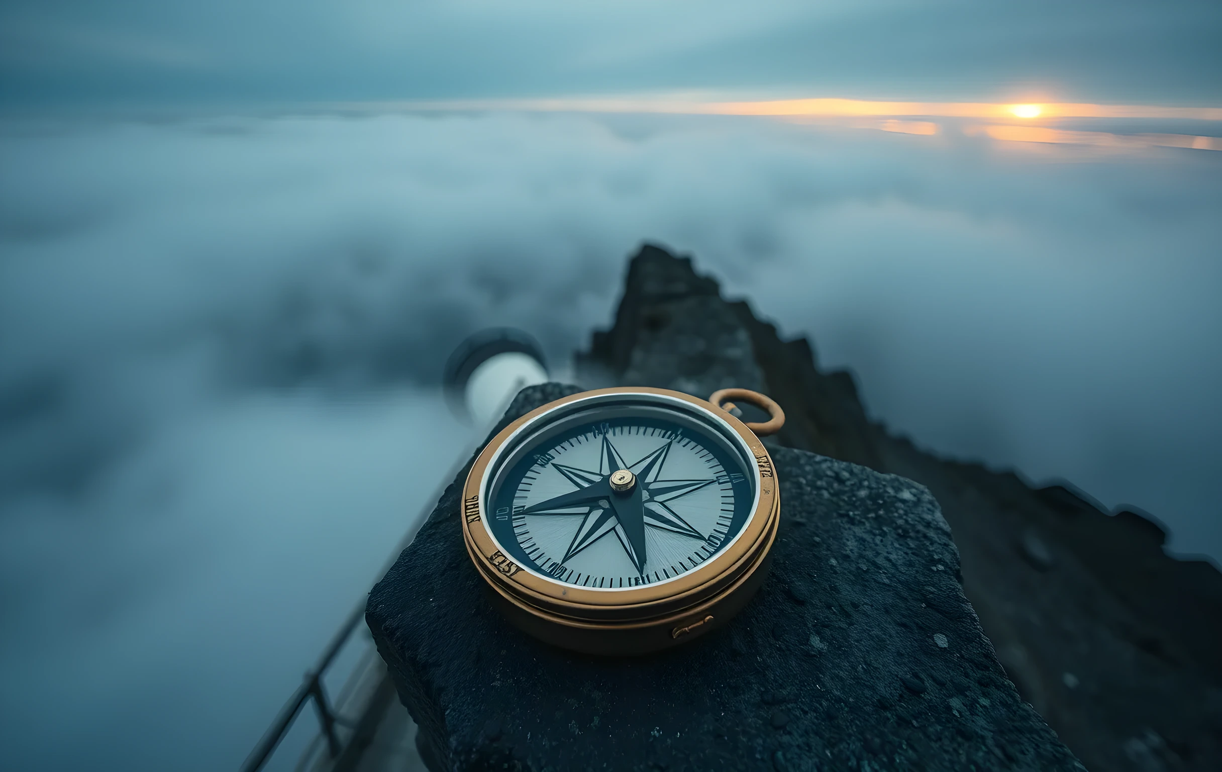 A weathered brass compass lying open on the broad stone ledge of a coastal lighthouse at dawn, its needle resting between north and east, thick morning fog rolling through the valley below the rocky headland, muted blue-grey sky with thin bands of amber light breaking over the horizon, wide environmental shot emphasizing scale and solitude