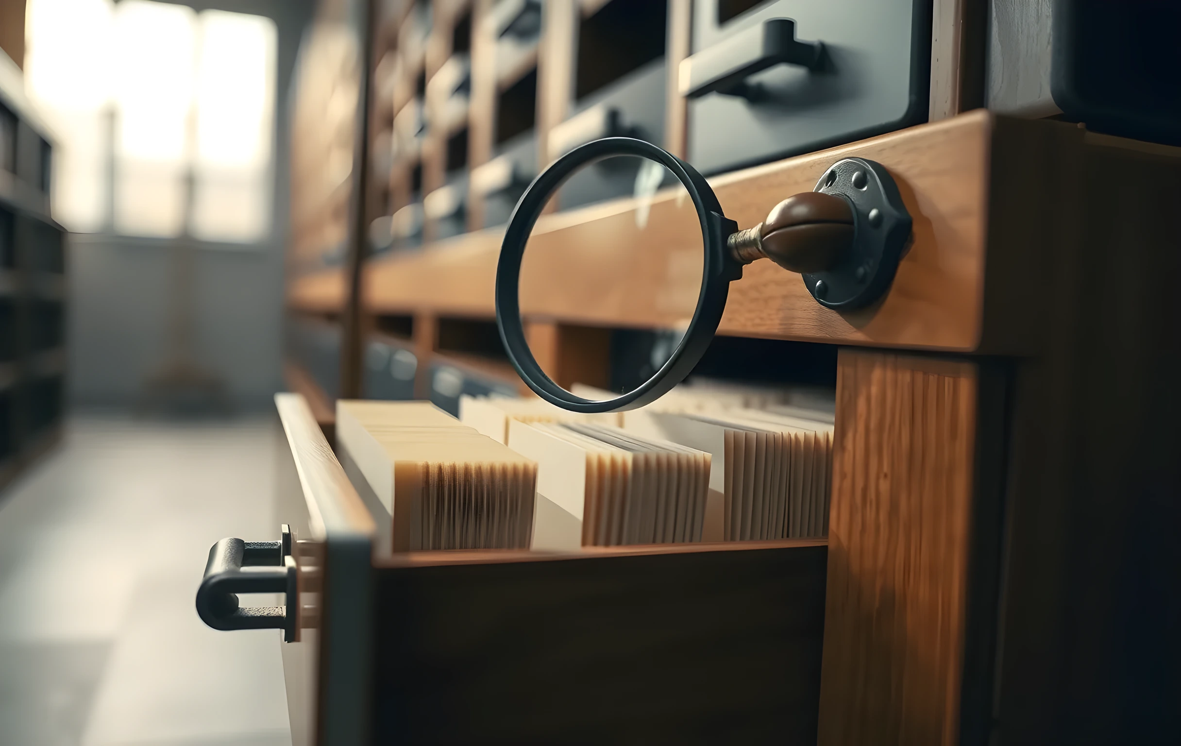 A single heavy magnifying glass with a worn leather handle resting on top of a thick oak index card catalog drawer unit in a quiet archive room, one shallow drawer pulled half open revealing rows of blank cream-colored cards, warm directional light from an unseen source casting long soft shadows across the wood grain surface, close detail shot focused on texture and form