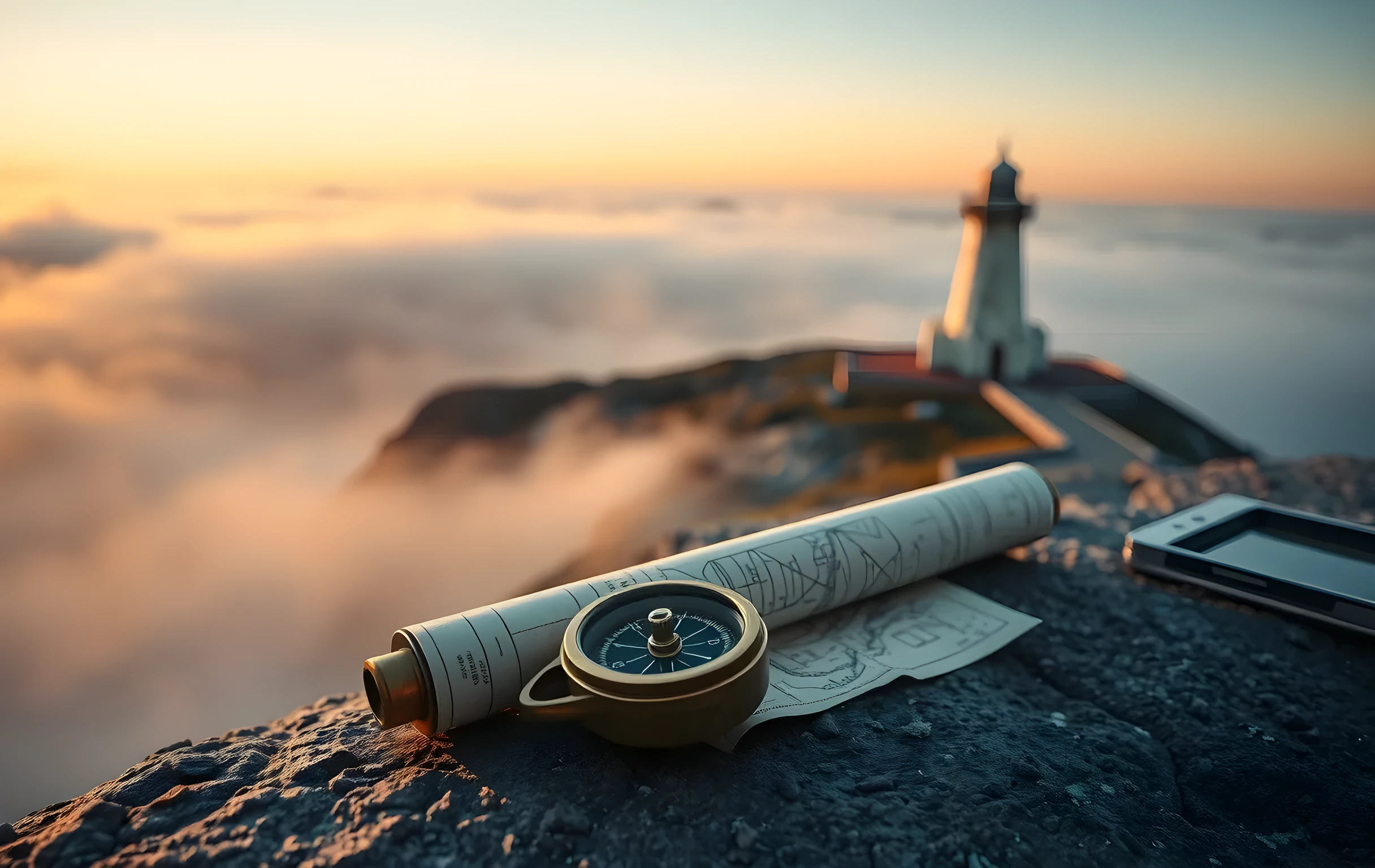 A wide coastal headland at golden hour, a tall white lighthouse perched on wind-scoured granite with its beam cutting a sharp wedge through low amber fog rolling off the sea, in the foreground a weathered brass compass and a rolled-up nautical chart resting on a flat rock ledge, salt-crusted stone textures, warm directional light from the left, no people, no text