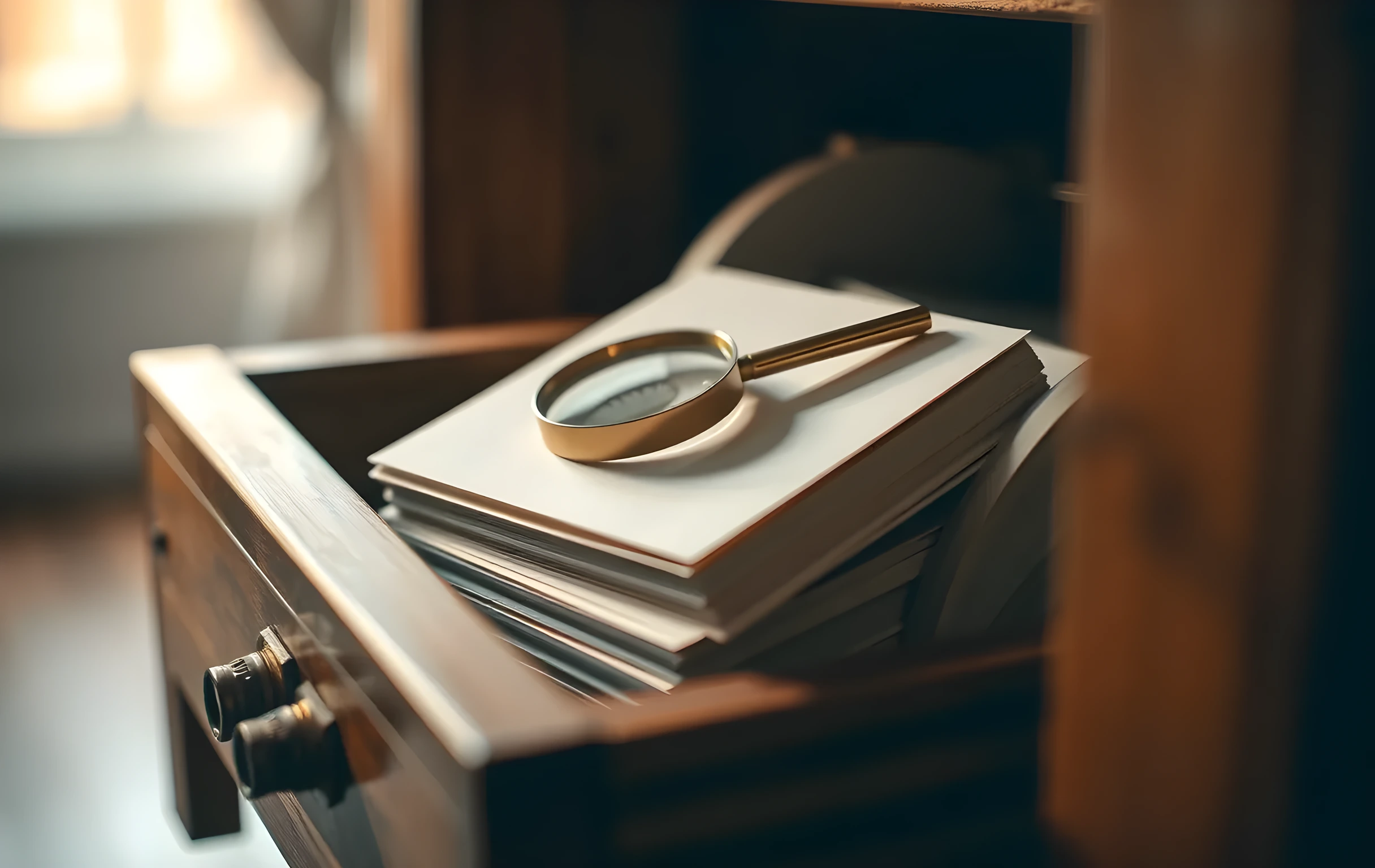 A tight close-up of an open wooden apothecary-style drawer filled with neatly stacked ivory index cards fanned slightly apart, a small brass magnifying glass lying diagonally across the top card, warm amber side-light casting long soft shadows between the card edges and wood grain, shallow depth of field with the far end of the drawer falling into gentle bokeh, no hands, no text visible on cards