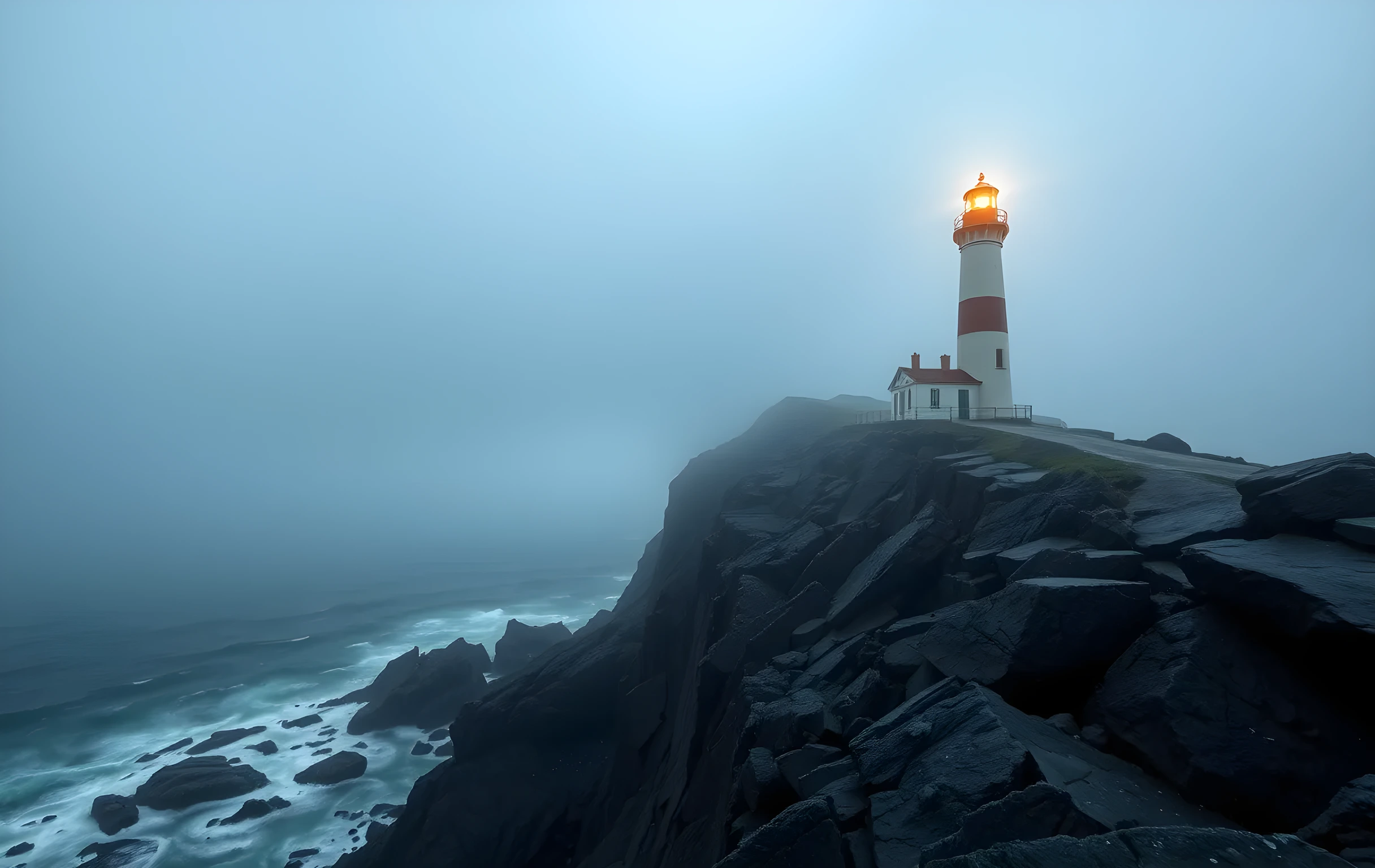 A solitary lighthouse perched on a jagged basalt headland at first light, thick sea fog pooling in the clefts between dark rocks below, its single beam slicing through the mist in a warm amber cone while the surrounding sky is a muted steel-blue, the churning grey ocean stretching to a low horizon, no people visible, quiet and vast