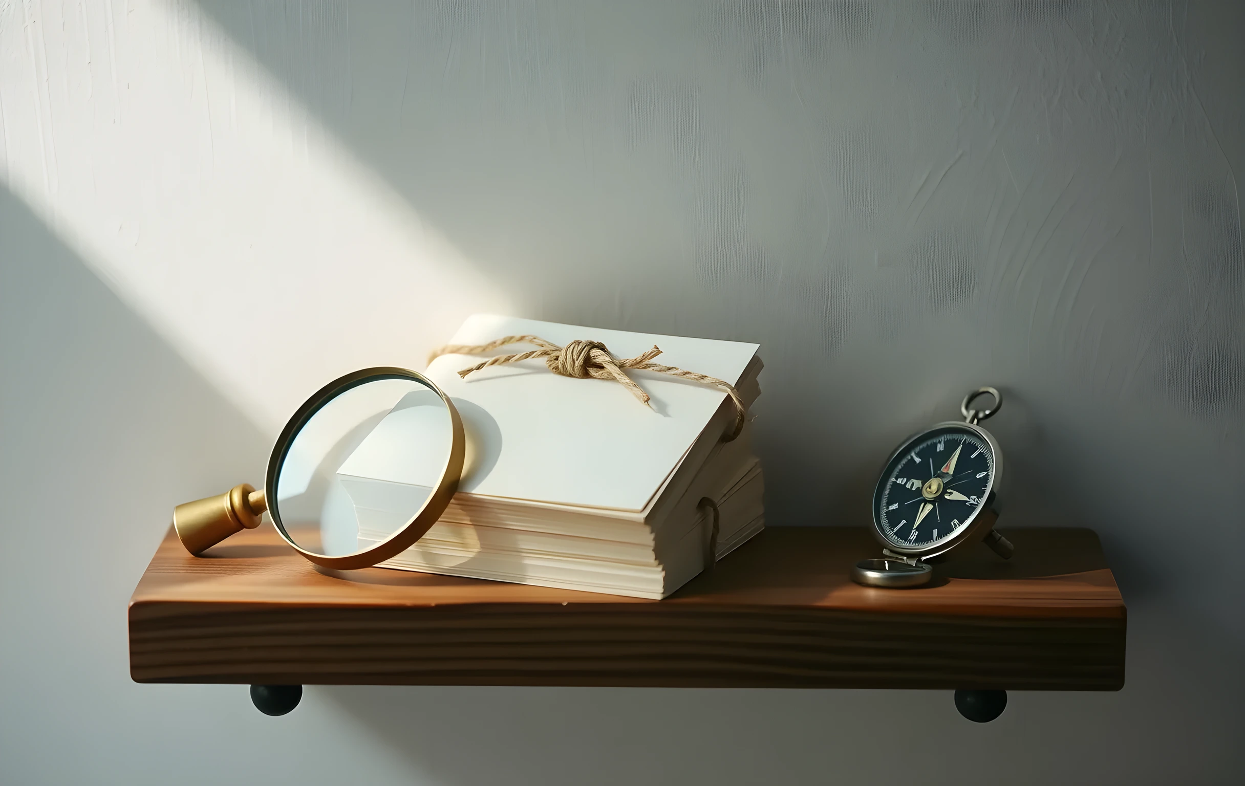 A small weathered wooden shelf holding a neat stack of cream-colored index cards bound with a loop of natural twine, beside them a tarnished brass magnifying glass resting on its curved handle and a compact silver compass face-up showing faint directional lines, soft directional window light raking across the card edges from the left, a shallow depth of field blurring the plain plaster wall behind