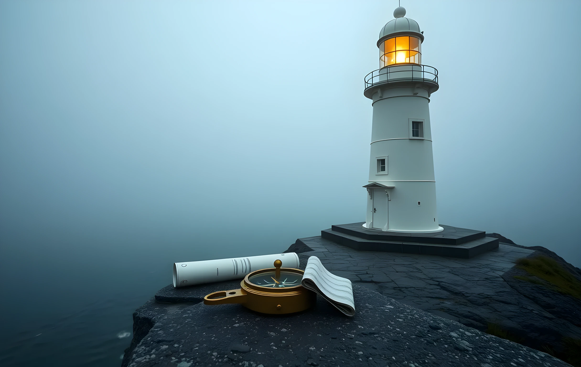 A tall white lighthouse standing on a windswept granite promontory overlooking a vast grey-green sea at dawn. At its stone base, a large brass compass and a rolled nautical chart rest on flat rock. The spiral tower catches low golden light while thick mist rolls in from the water surface. Wide environmental shot, no people, no text