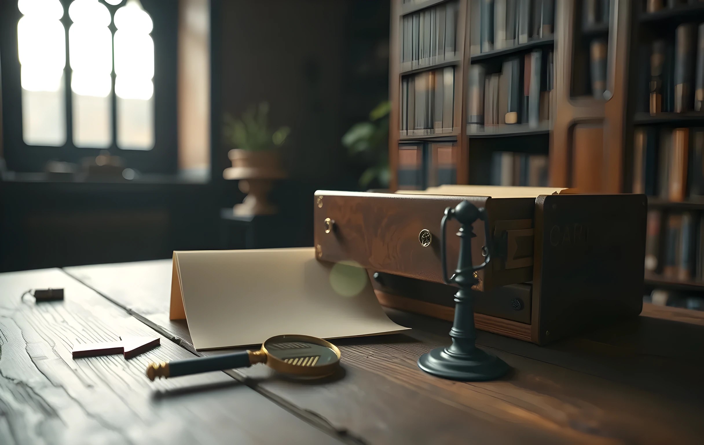 A single antique wooden library card catalog drawer pulled open on a worn oak reading table inside a dim archive room. A tarnished brass magnifying glass lies across three blank cream index cards beside a small hand-forged iron arrow signpost pointing left. Shallow depth of field, warm dust motes drifting in a shaft of afternoon light from a high arched window. Tight close-up detail shot, no people, no text