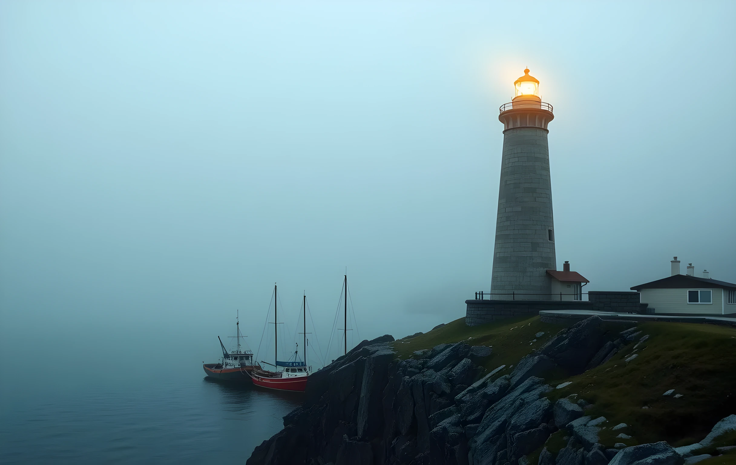 A wide dawn scene at a misty coastal headland: a tall weathered lighthouse with a broad stone base stands at the edge of a rocky cliff, its warm beam cutting a visible cone through thick grey-green fog. Below, five small fishing vessels sit anchored in calm steel-blue water, their masts silhouetted against the low sky. The far shore is a dark smudge of pine forest. No people, no text, no buildings other than the lighthouse