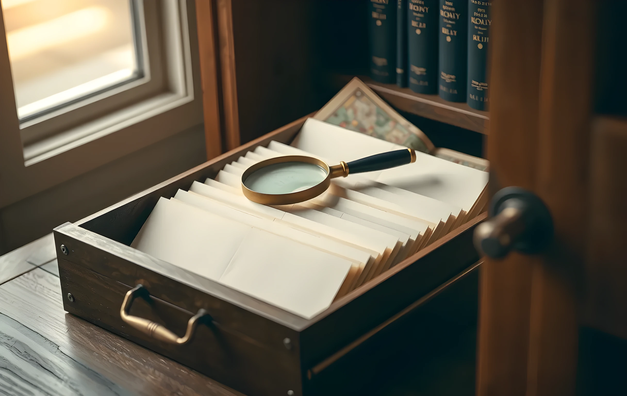 A close-up still life on a worn oak tabletop: an open brass-handled card catalog drawer with four rows of cream-colored index cards facing blank-side up toward the camera, a small tarnished brass magnifying glass resting across the top row, and a folded aged paper map partially tucked beneath the drawer lip. Warm amber side-light from the left casts long soft shadows between the cards. No readable text on any surface, no faces, no screens