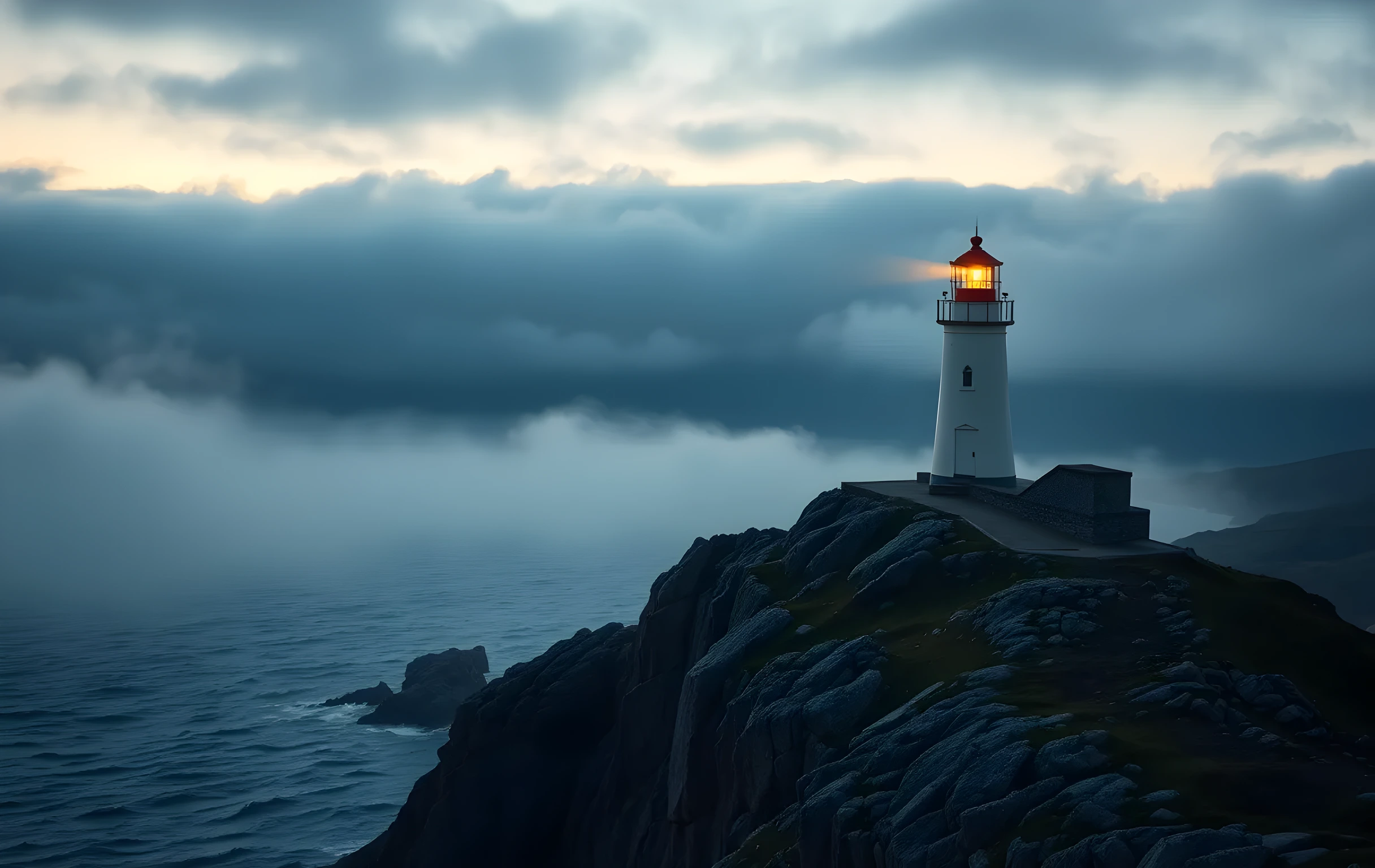 A solitary white lighthouse standing on a jagged granite headland at golden hour, its beam cutting through thick coastal fog over dark churning sea water, layered blue-grey hills fading into mist in the far distance, wide cinematic landscape composition with dramatic low clouds