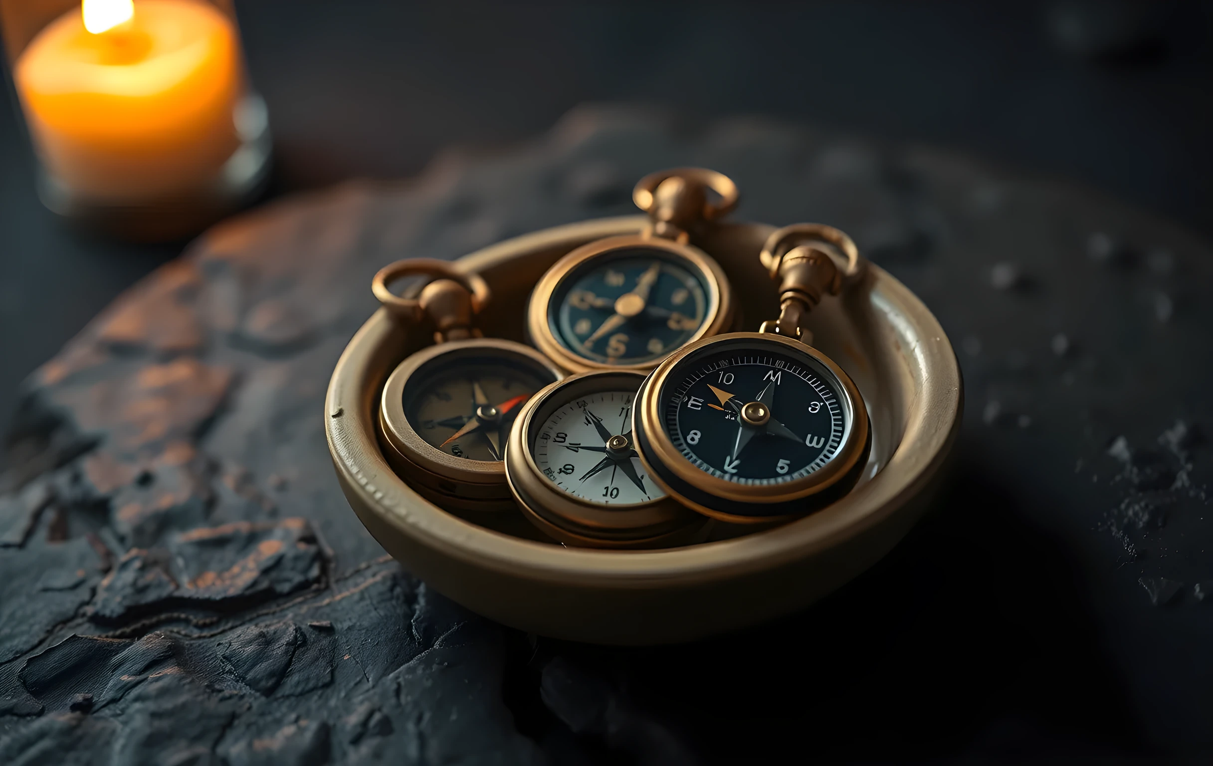 A tight close-up of three small antique brass pocket compasses of different eras resting in a shallow unglazed ceramic dish on a rough-hewn slate surface, warm amber candlelight from off-frame catching the engraved bezels and needle pivots, deep soft shadow swallowing the background, shallow depth of field