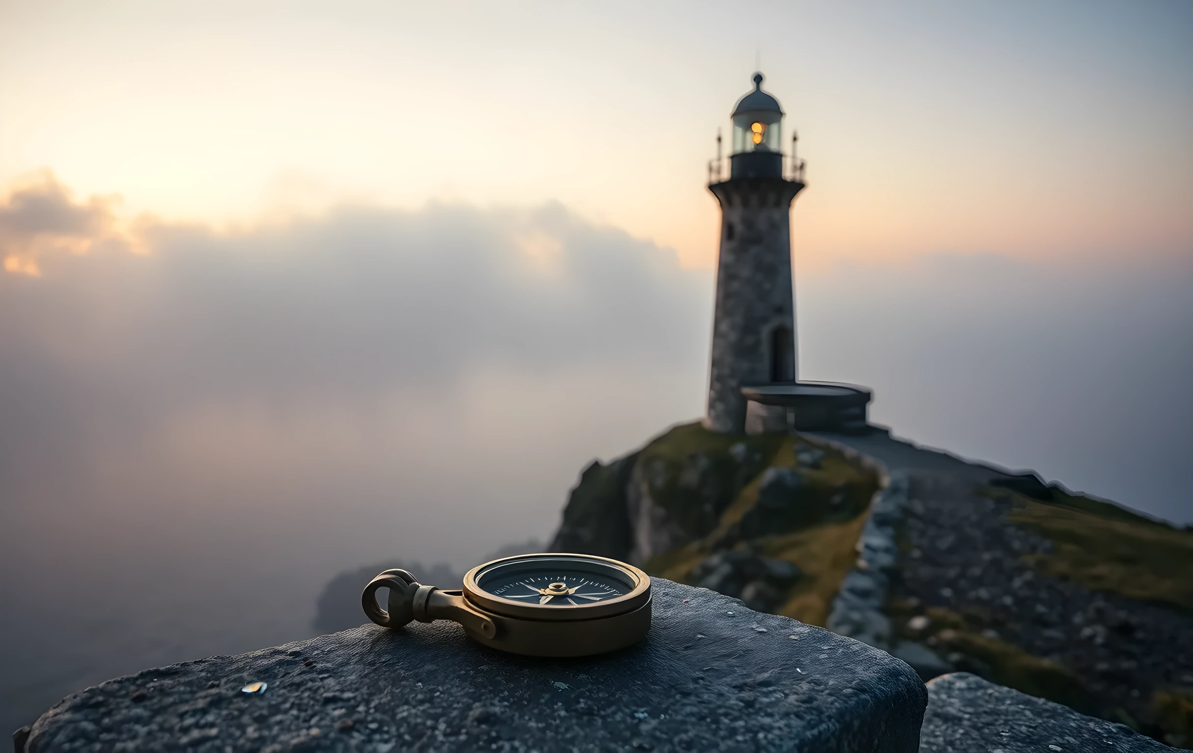 A wide golden-hour coastal scene with a tall weathered stone lighthouse standing on a windswept rocky headland, thick sea fog rolling in from the grey-blue water below, and a small tarnished brass compass resting on a flat granite ledge in the lower-left foreground pointing toward the mist. The sky is a soft gradient of amber and pale violet. The mood is quiet, navigational, and slightly lonely