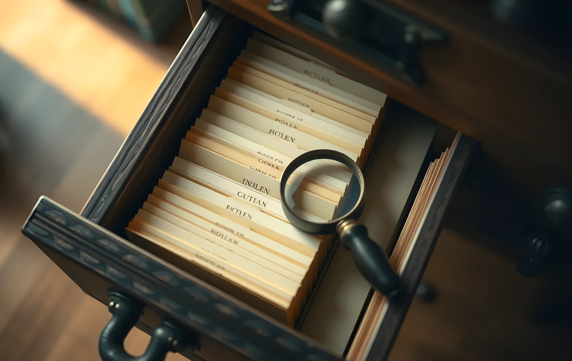 A close-up still life of a single open drawer from an old wooden library card catalog, its faded leather pull handle visible at the top edge, rows of slightly askew cream-colored index cards with visible embossed dividers filling the space, a small round brass magnifying glass with a dark wooden handle resting across two of the cards, warm amber light pooling from above. The wood grain of the drawer is deep and textured. Shallow depth of field blurs the back rows of cards into soft cream shapes