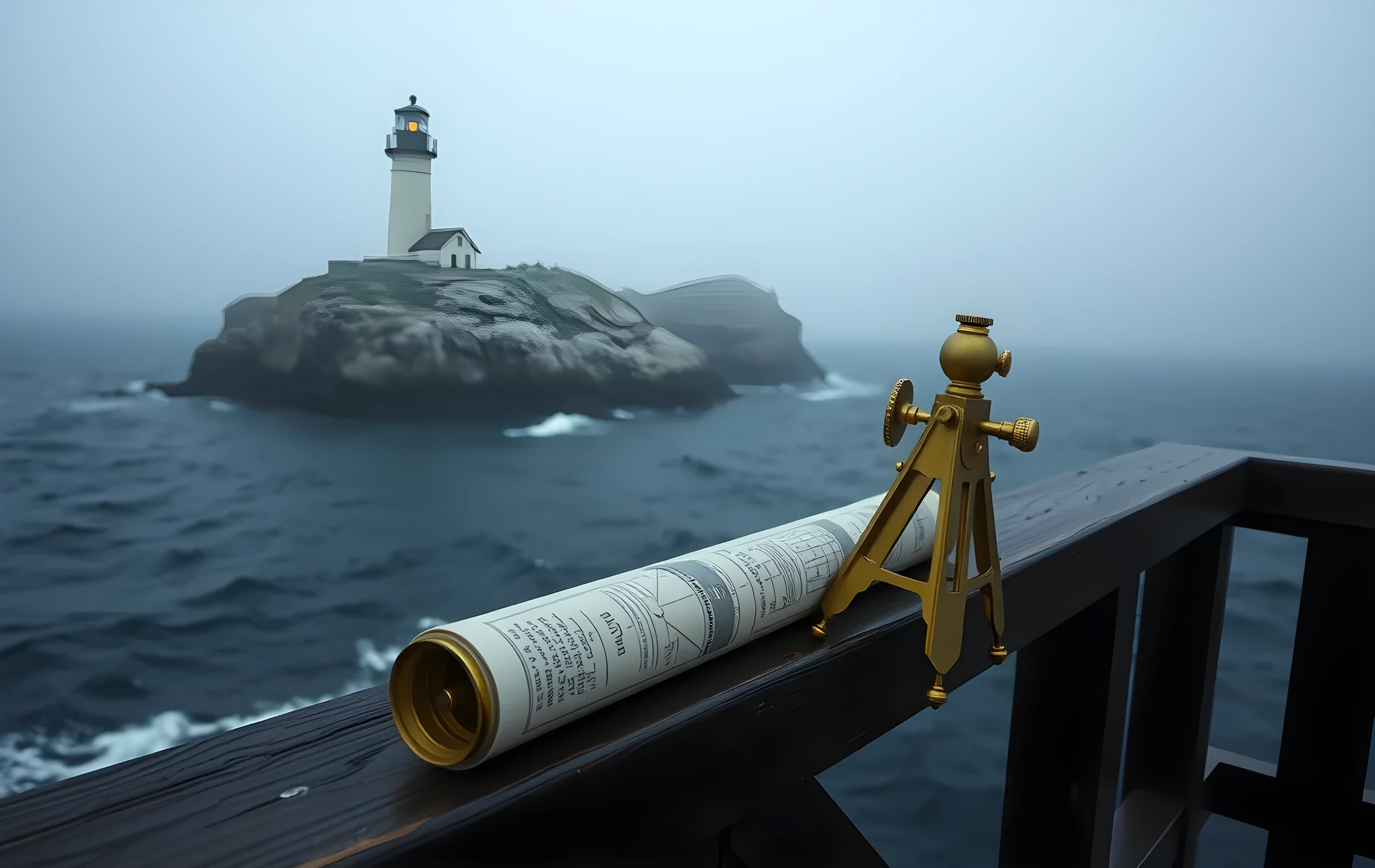 A weathered white lighthouse perched on a rugged granite headland at first light, its beam cutting through low coastal fog over dark churning water; in the immediate foreground, a polished brass sextant and a tightly rolled nautical chart rest on a salt-crusted wooden railing, morning mist softening the distant horizon