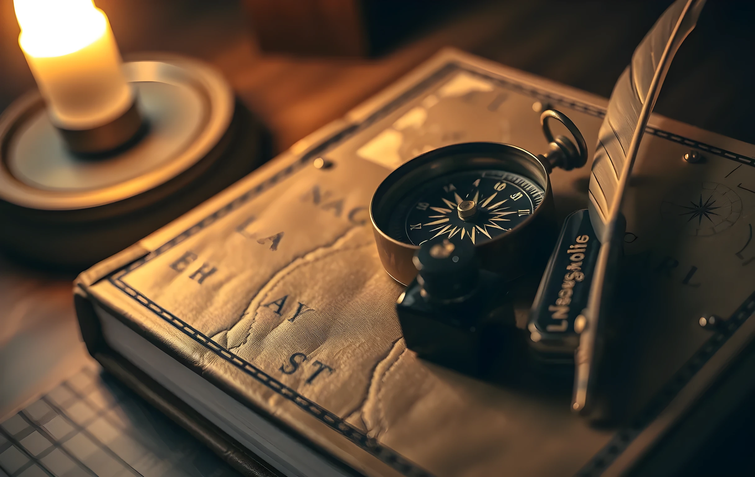 An open brass compass with its needle drifting slightly off true north, resting on the cracked leather cover of a thick bound nautical atlas; beside it sit a small glass vial of dark iron-gall ink and a worn quill pen, all bathed in warm amber lamplight spilling from the left edge of the frame