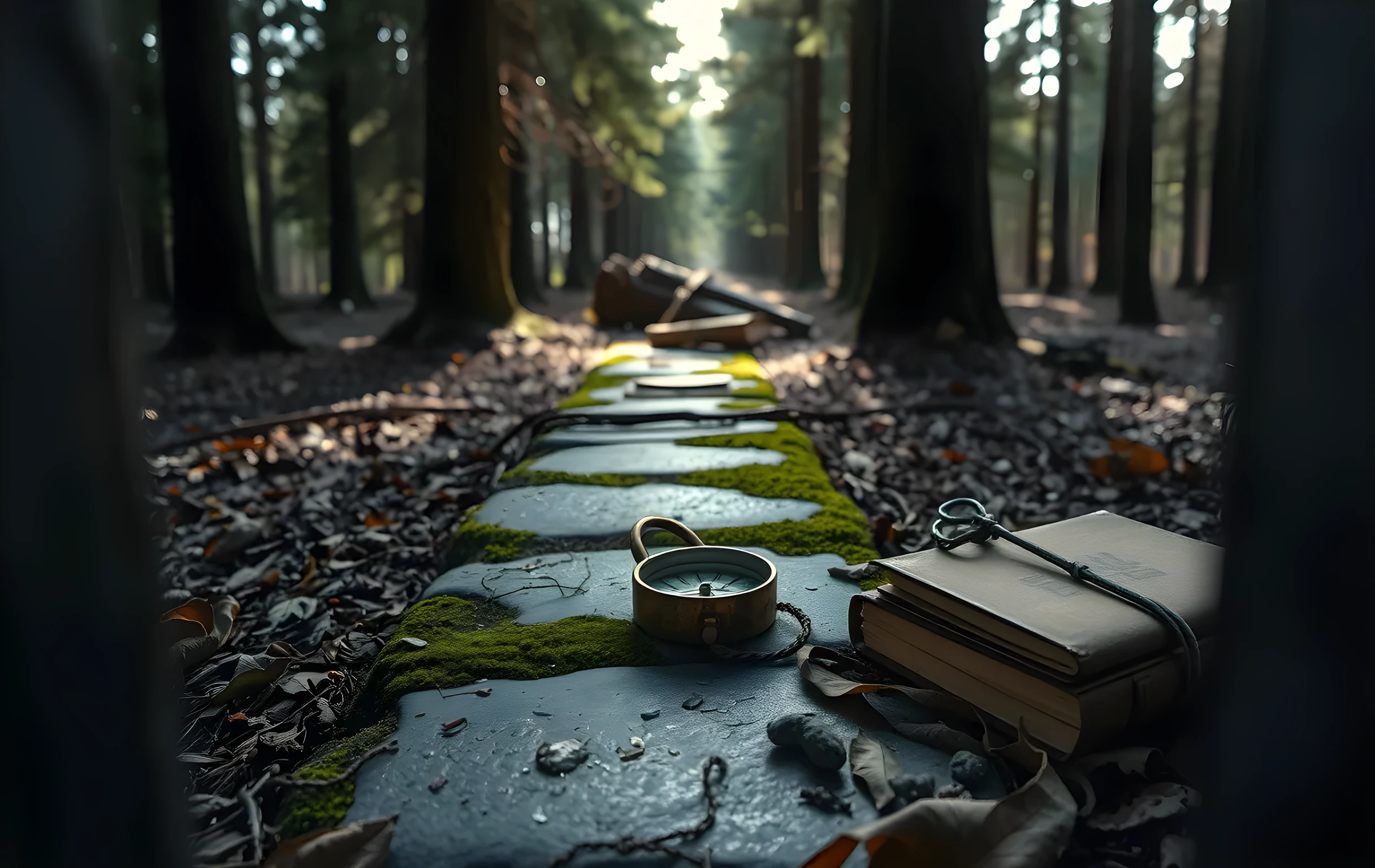 A weathered brass compass resting on a mossy stone pathway in an old forest clearing, surrounded by scattered antique maps and leather-bound field journals arranged naturally among fallen leaves and dappled sunlight filtering through tall pine trees