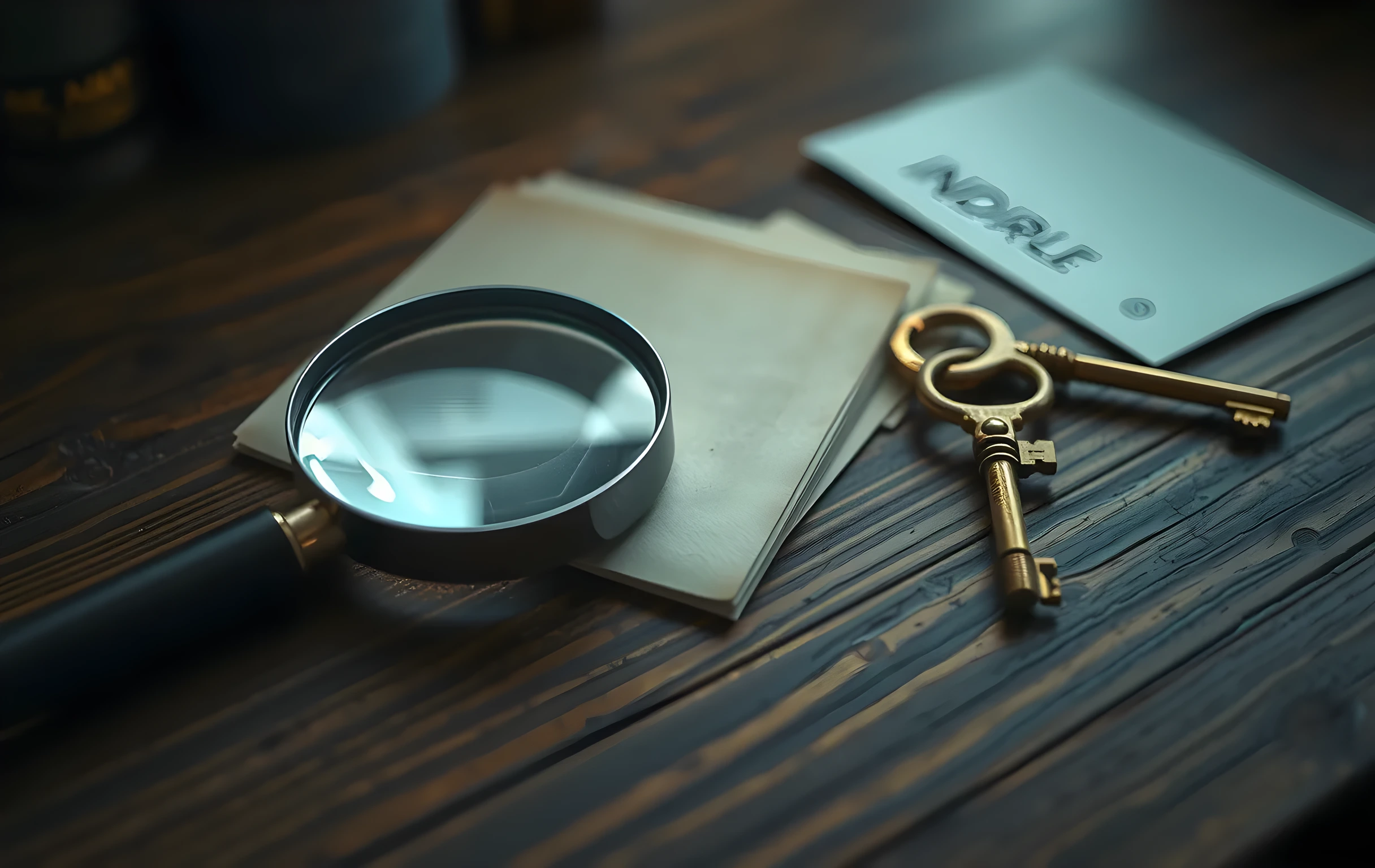 A close-up of a polished magnifying glass lying flat beside several aged index cards and a brass key on a worn wooden desk, with soft morning light highlighting the texture of the paper edges and metal grain