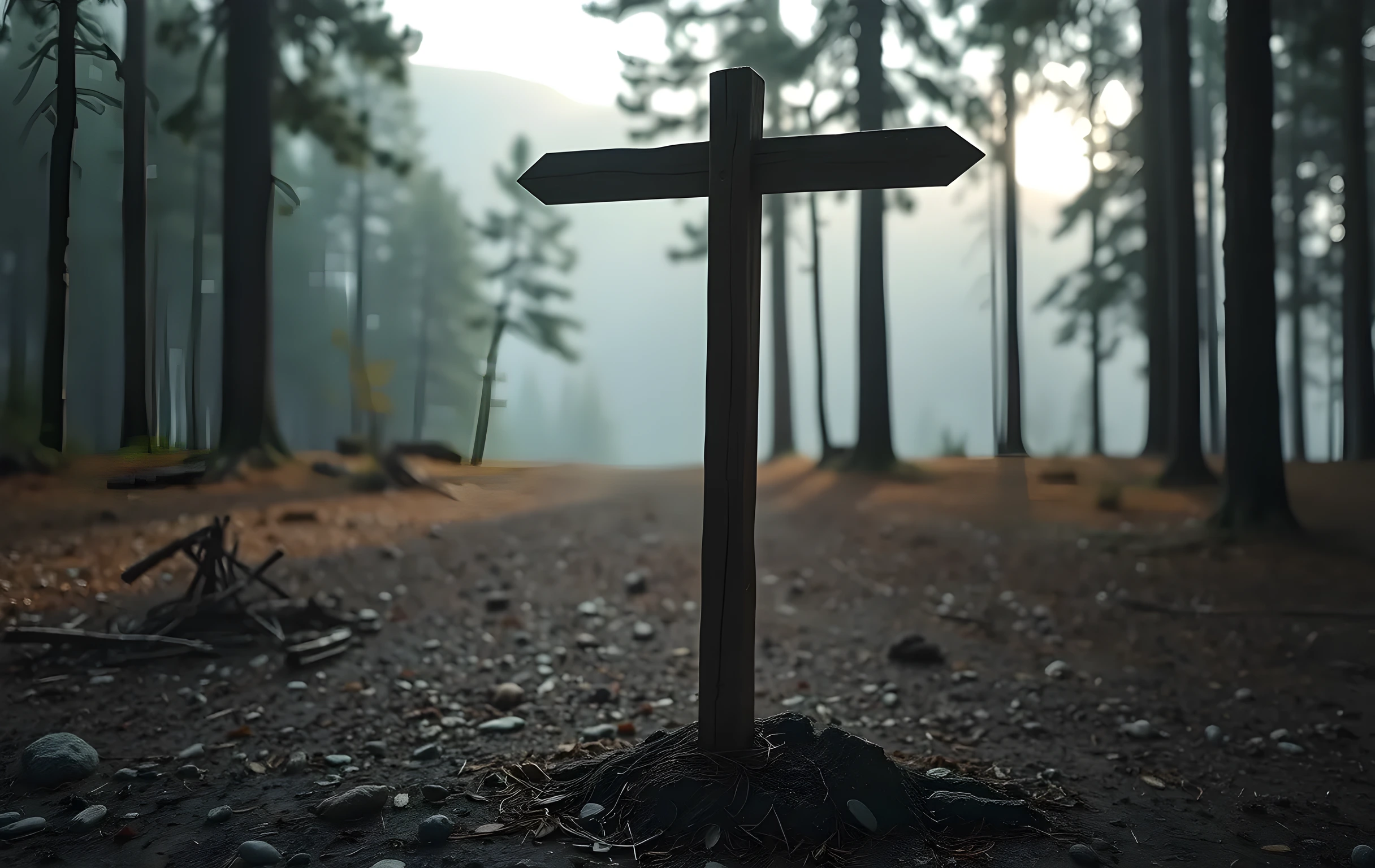 A weathered wooden signpost stands at a misty forest crossroads where multiple carved arrows point toward distant mountain ridges. The ground is covered in damp pine needles and scattered stones, with soft morning light filtering through tall trees to create long shadows across the clearing