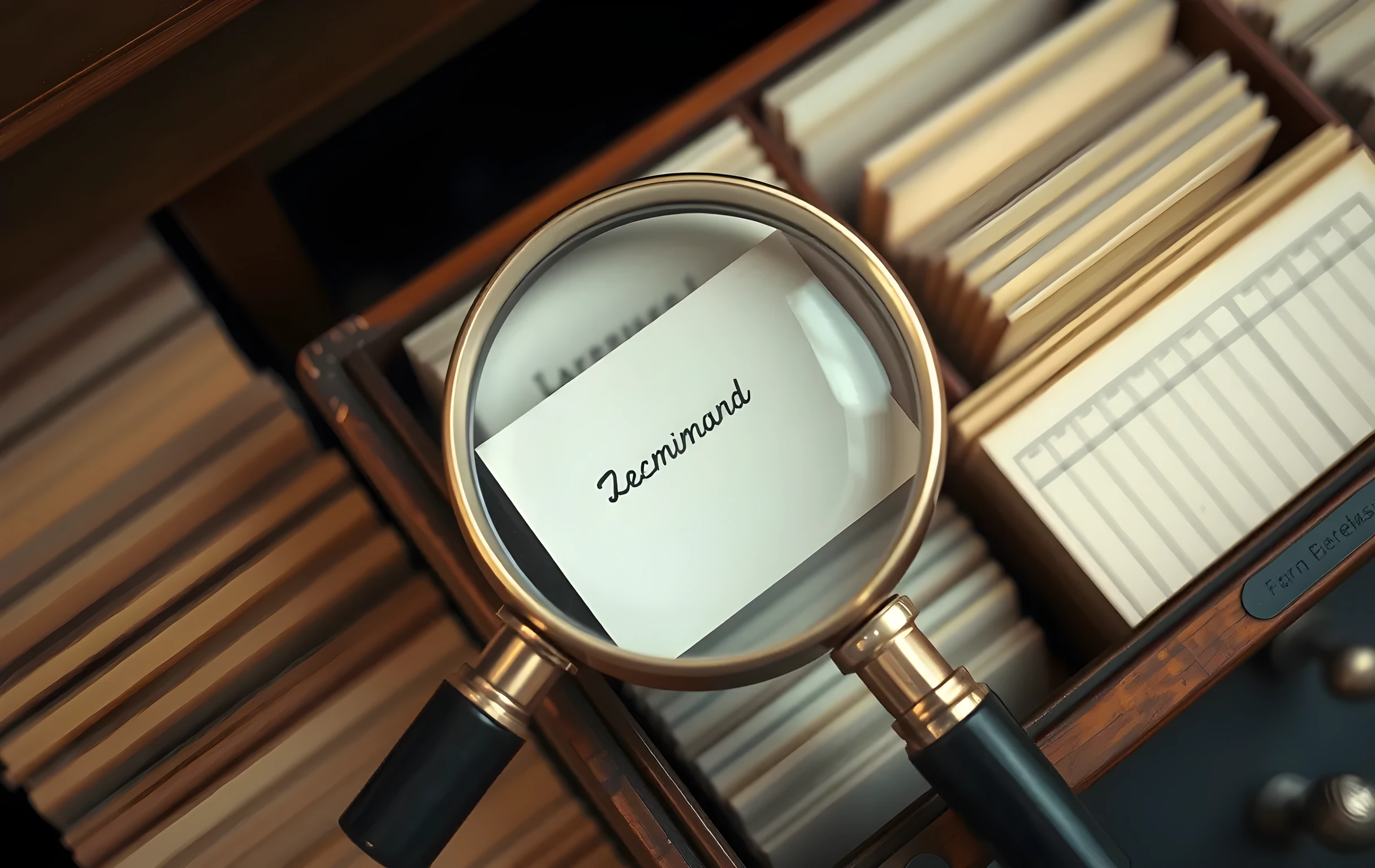 A brass magnifying glass rests on an open library card catalog drawer, focusing sharply on a single handwritten index card surrounded by dozens of other faded cards. The wooden casing shows fine grain patterns and minor scratches, while shallow depth of field blurs the neighboring drawers into soft warm tones