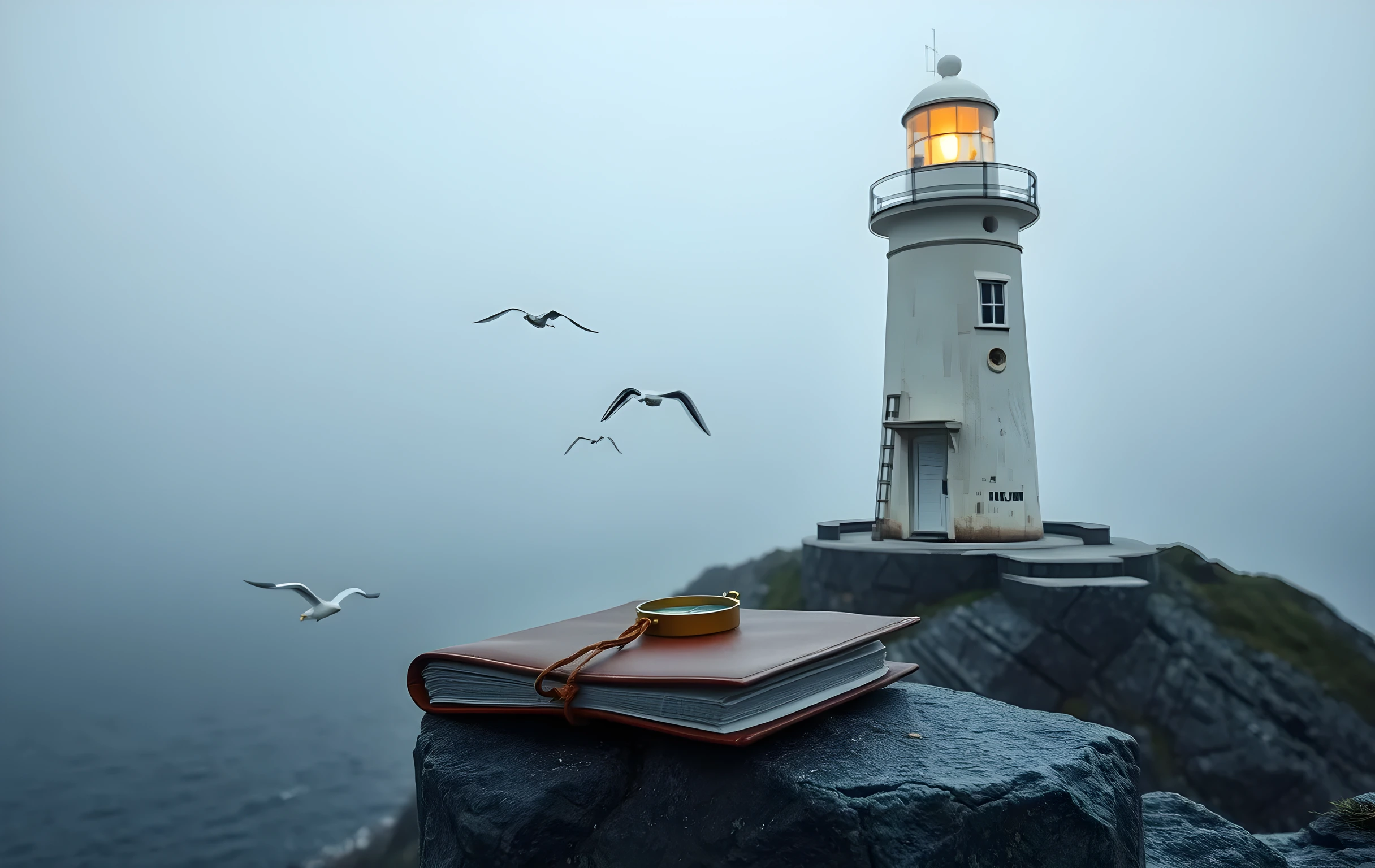 A weathered white lighthouse stands on a jagged granite headland in thick morning fog, its beam sweeping across a wide grey sea. On the flat rock shelf at the base of the tower sits an open brass compass and a rolled leather-bound journal tied with a wax-sealed cord. Three gulls wheel far out over the water. The scene is broad and atmospheric, cool blue-grey tones with a single warm amber glow from the lighthouse lamp