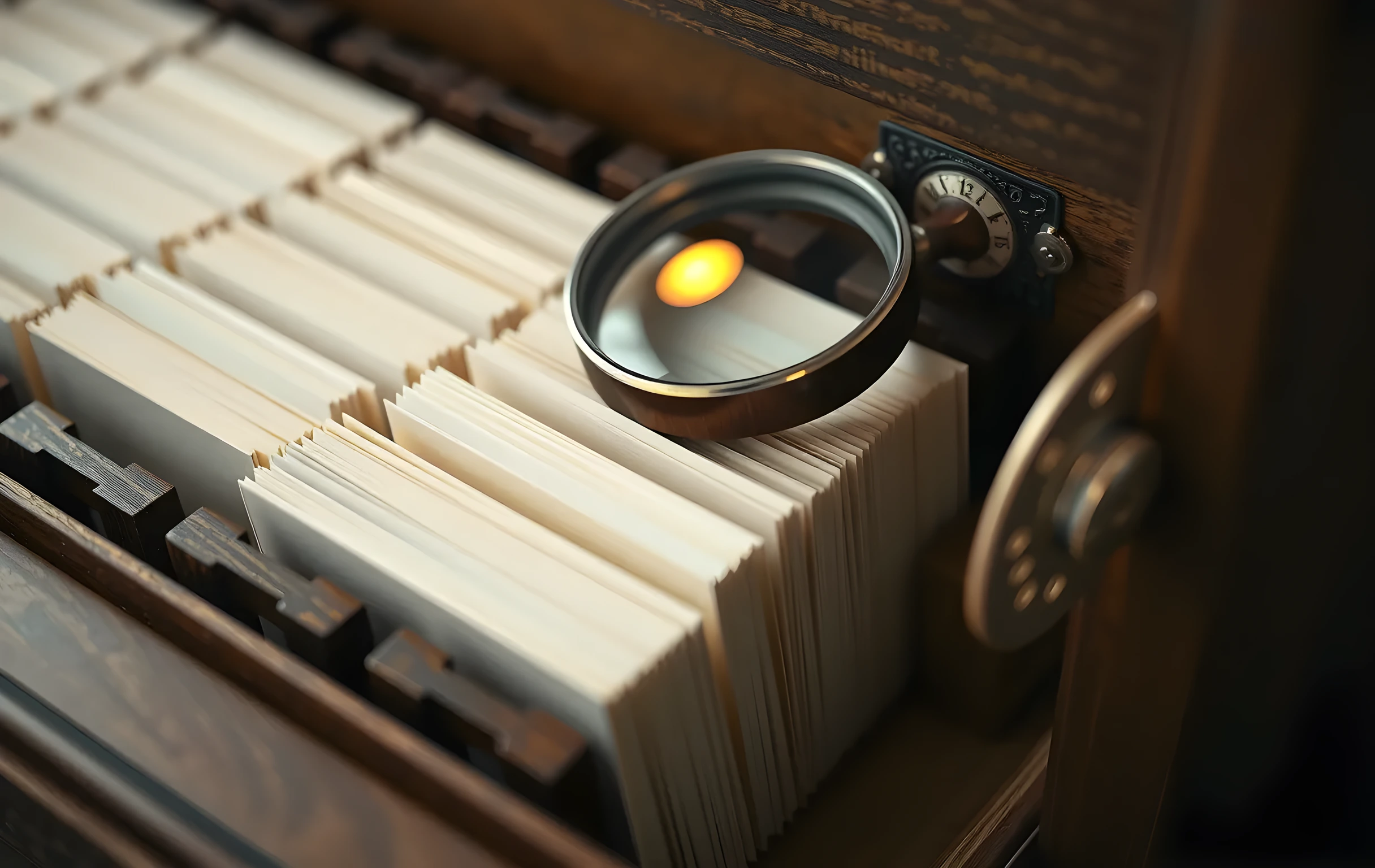 A close-up of a heavy oak index-card catalog drawer pulled half open, revealing rows of thick cream-colored blank cards nestled between carved wooden dividers. A round glass magnifying lens with a brass rim rests on top of the card stack, catching a small pool of warm amber light from an unseen source. The wood grain is deep and tactile, the brass shows faint patina. Tight framing, shallow depth of field, no text visible anywhere