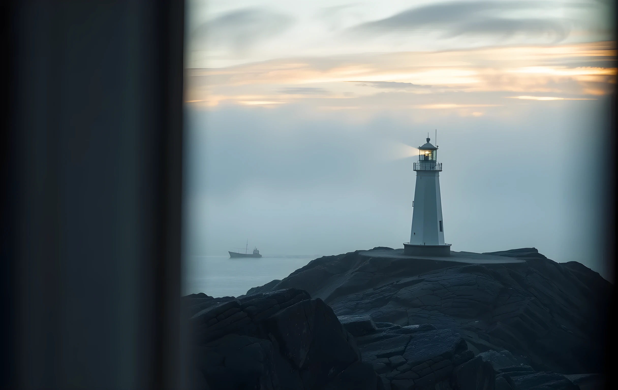 A solitary white lighthouse standing on a windswept granite headland at early morning, its beam sweeping in a visible cone through thick coastal fog over a vast grey-green sea. Distant small fishing boats are barely silhouettes in the haze. The sky is layered with soft amber and slate clouds. The scene conveys a single point of orientation in an enormous uncertain expanse