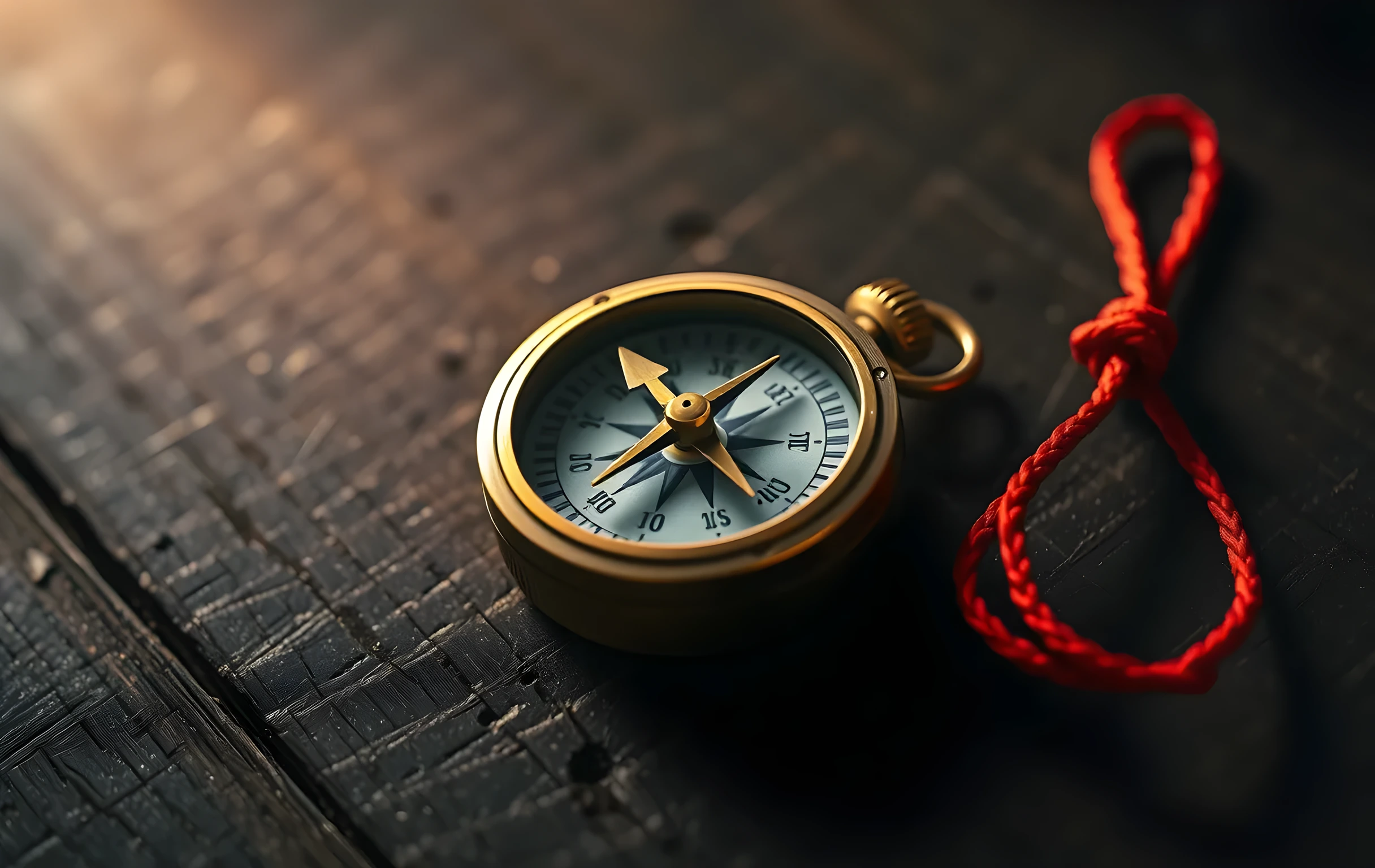 A well-worn brass compass with a slightly tarnished face resting on a rough-hewn dark wooden surface, its needle frozen mid-swing pointing toward the upper left. A short length of red waxed cord is tied to the compass housing and trails off the right edge of the frame into shadow. Deep wood grain texture is visible. Shallow depth of field with warm directional side light casting long shadows across the surface