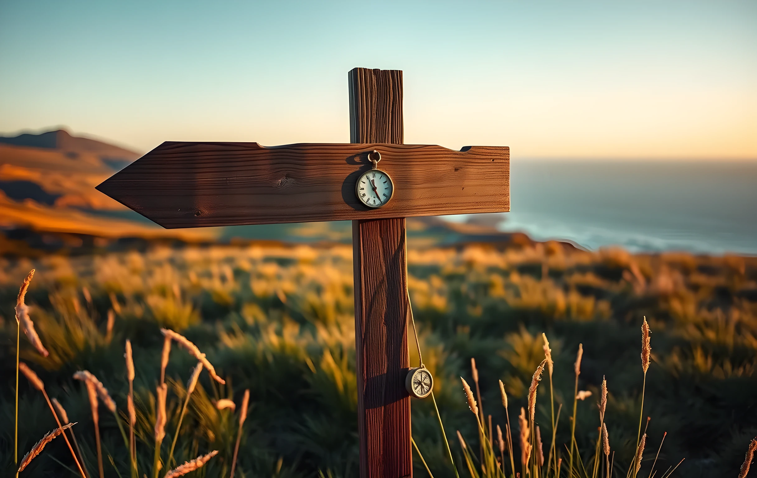 A weathered wooden crossroads signpost standing in a wide coastal meadow at golden hour, three blank unpainted directional arms pointing toward rolling green hills and a distant grey ocean, a small tarnished brass compass on a frayed leather cord hanging loosely from the post, wild grass swaying in the wind, long amber shadows stretching across the field, broad landscape composition showing the full horizon and open sky