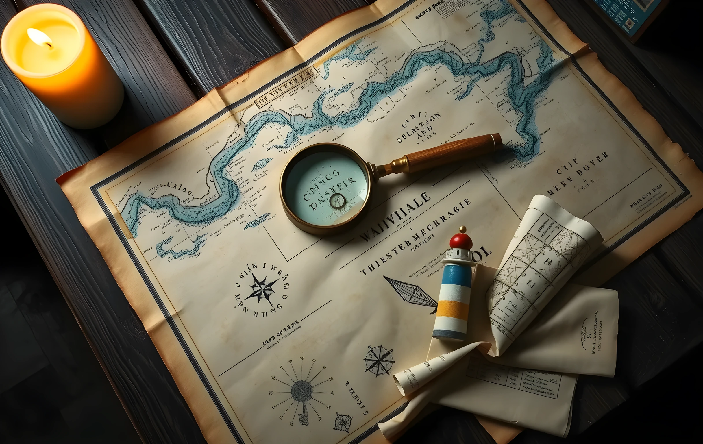 A tight overhead close-up of a rough-hewn dark wooden table surface holding an aged nautical chart with faded blue and ochre color washes and fine engraved line work but no legible lettering, a dented brass magnifying glass resting at the center of the chart, a small hand-painted ceramic lighthouse model and a loosely folded paper map tucked at the lower edge, warm amber candlelight from the left casting deep soft shadows, intimate detail framing filling the frame with texture