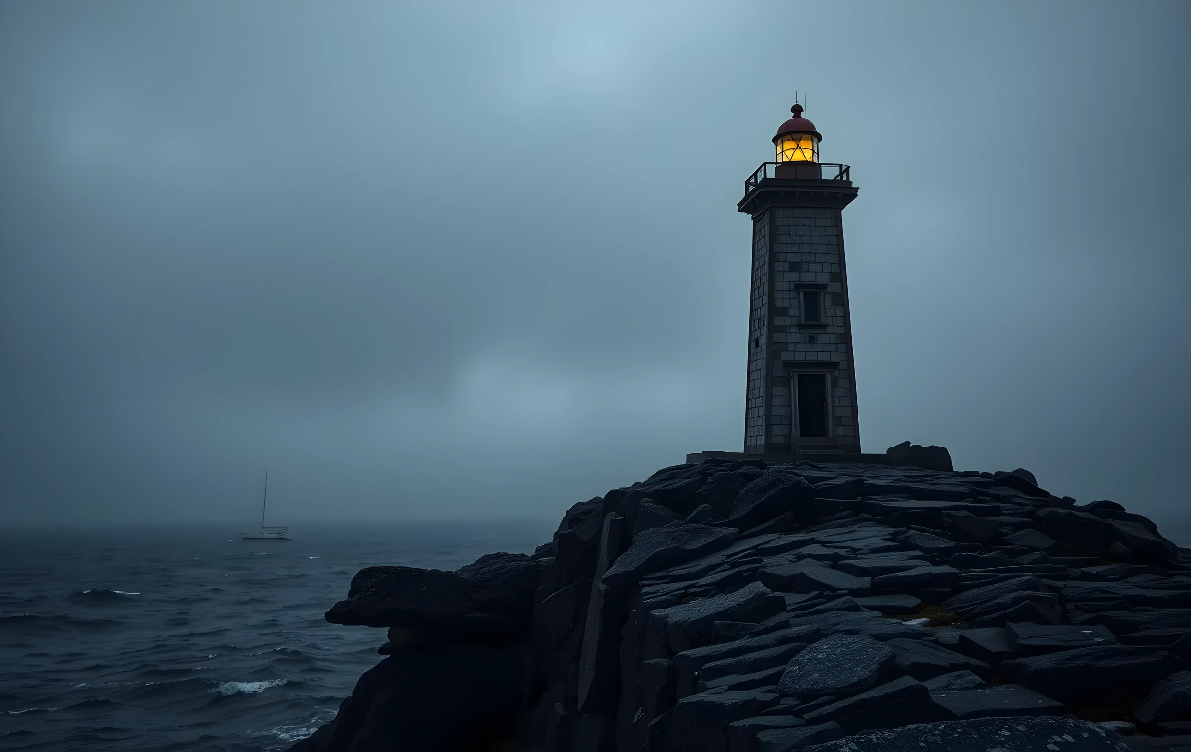 A weathered stone lighthouse standing on a rugged rocky headland at dusk, its thick beam cutting through dense rolling fog over dark choppy water. A tiny sailboat is barely visible far in the distance where the light reaches. The sky is deep amber fading into slate grey. Wide landscape composition emphasizing isolation and guidance across open water