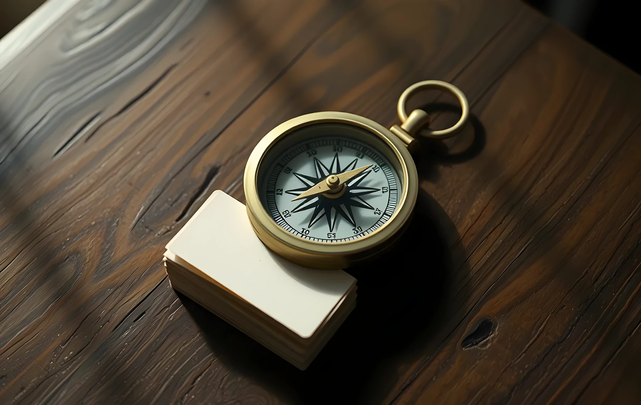 A single tarnished brass compass resting on a rough-hewn wooden surface, its needle pointing firmly to one direction through scratched glass. Beside it sits a small neat stack of worn index cards with visible layered edges and slight fraying but no readable markings. Warm directional light from the left casts long soft shadows. Tight close-up composition focusing on texture and patina
