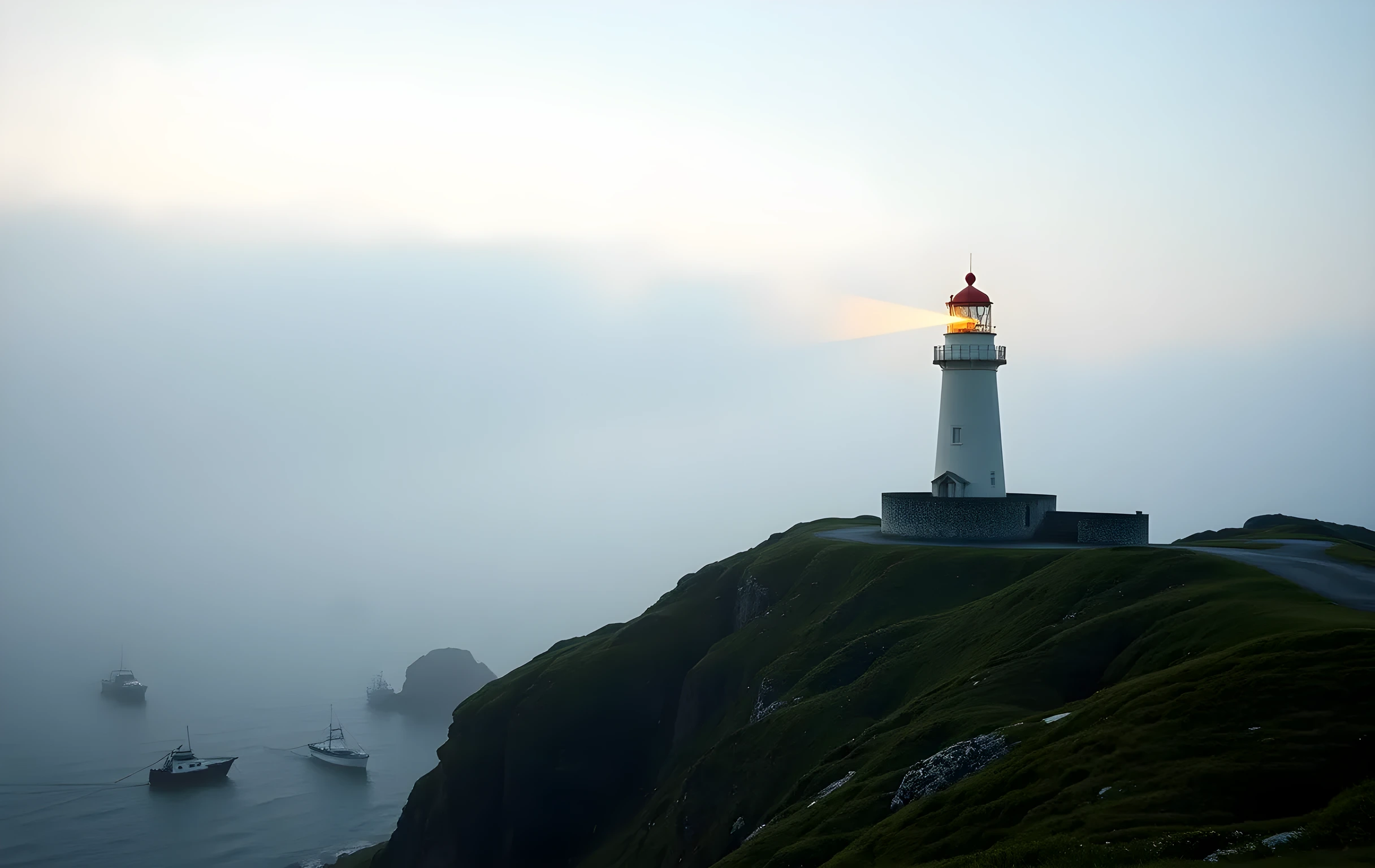 A lighthouse standing on a windswept rocky headland at early dawn, its beam cutting through low coastal fog over a wide grey-green sea, tiny fishing boats scattered far below in the mist, the sky a soft gradient of pale amber and blue-grey, the headland covered in hardy green scrub, the whole scene vast and open with a sense of searching across an enormous expanse