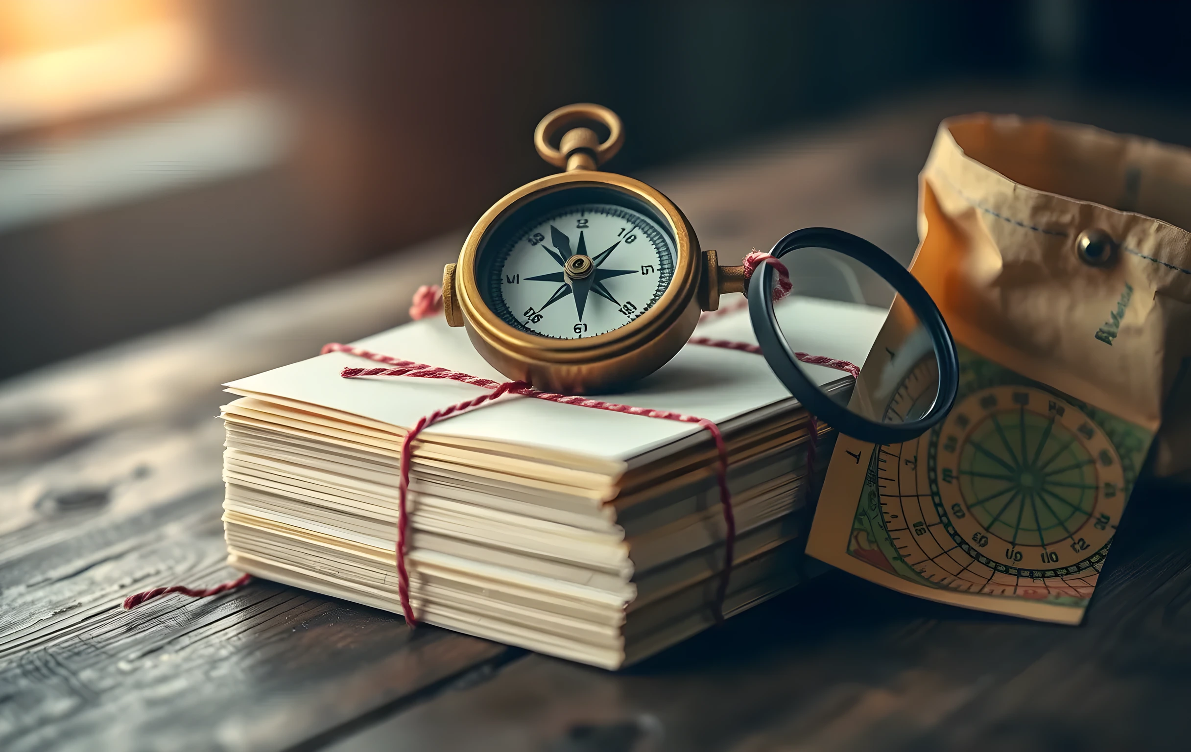 A worn brass compass with a blank face showing only directional tick marks resting on top of a thick stack of cream-colored index cards bound together with red twine, a small round magnifying glass leaning against the side of the stack, a fragment of a folded topographic paper map pinned to the corner of a weathered wooden table, warm afternoon light raking across the scene from the left, shallow depth of field with the background softly blurred