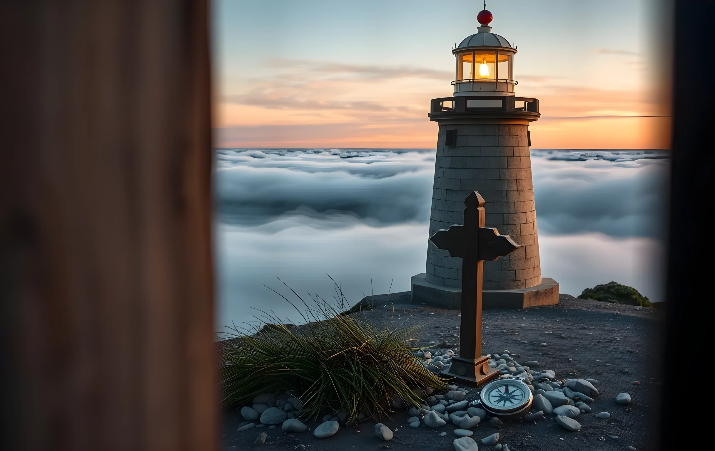 A weathered granite lighthouse stands on a windswept coastal headland at golden hour, its warm beam cutting through low rolling fog over a vast grey-blue sea. At the lighthouse base, a polished brass compass and a small carved wooden signpost with no lettering rest among tufts of sea grass and scattered smooth pebbles. The horizon stretches wide and empty, the sky streaked in amber and soft violet