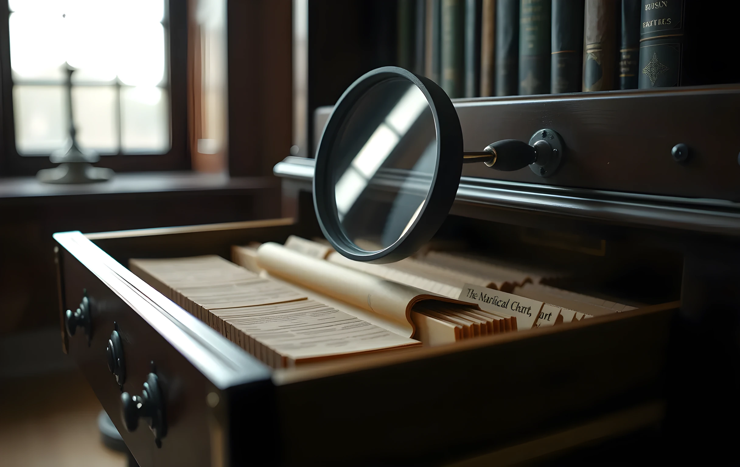 A heavy round magnifying glass with a dark walnut handle rests inside an open vintage card catalog drawer, its thick lens catching warm amber light from a nearby window. Beneath the glass, neat rows of small wooden index tabs in muted greens and ochres are visible, with a single folded paper nautical chart tucked beneath the rim of the lens. The drawer sits within a dark oak library desk with aged brass fittings, surrounded by the quiet hush of a reading room