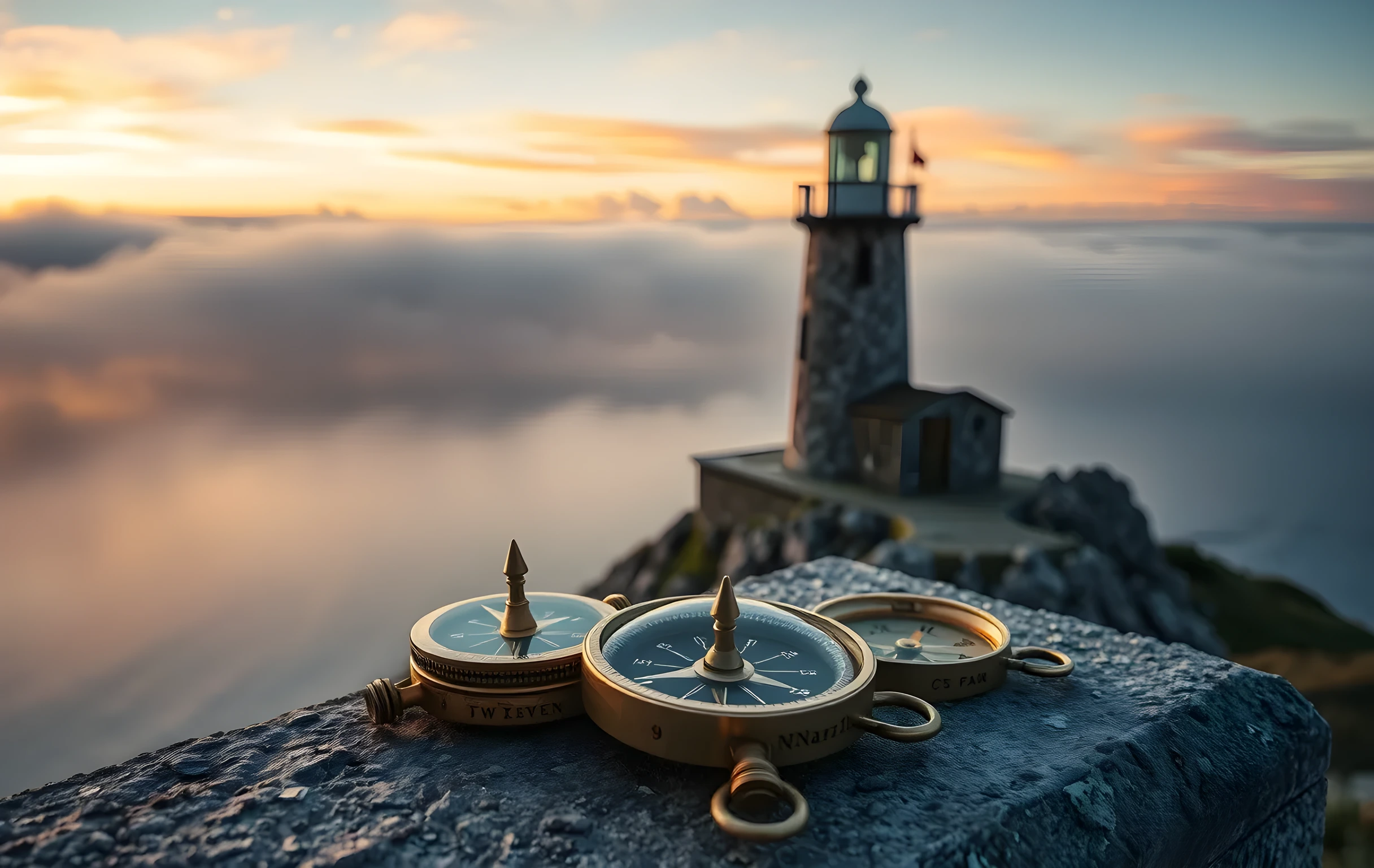 A wide coastal scene at golden hour: a weathered stone lighthouse stands on a rocky headland overlooking a calm strait, its beam cutting through low amber fog. In the foreground, a collection of brass compasses of varying sizes rests on a flat granite ledge, their needles pointing in different directions. The sky is layered with soft tangerine and slate clouds. No text, no people, no buildings other than the lighthouse