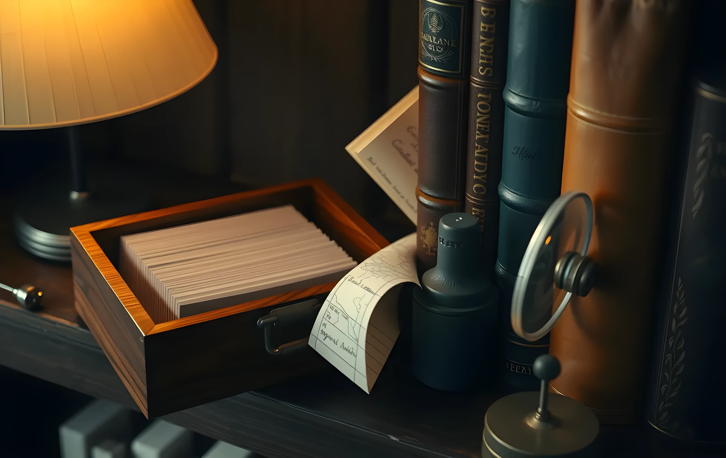 A close-up still life on a dark oak shelf in an old library: a single open card catalog drawer sits slightly ajar, revealing rows of blank index cards. Beside it, a heavy glass magnifying glass rests on its wooden base, and a folded hand-drawn paper map with faint ink lines spills out from between two leather-bound volumes. Warm lamplight catches the edge of the glass. No text visible, no screens, no faces