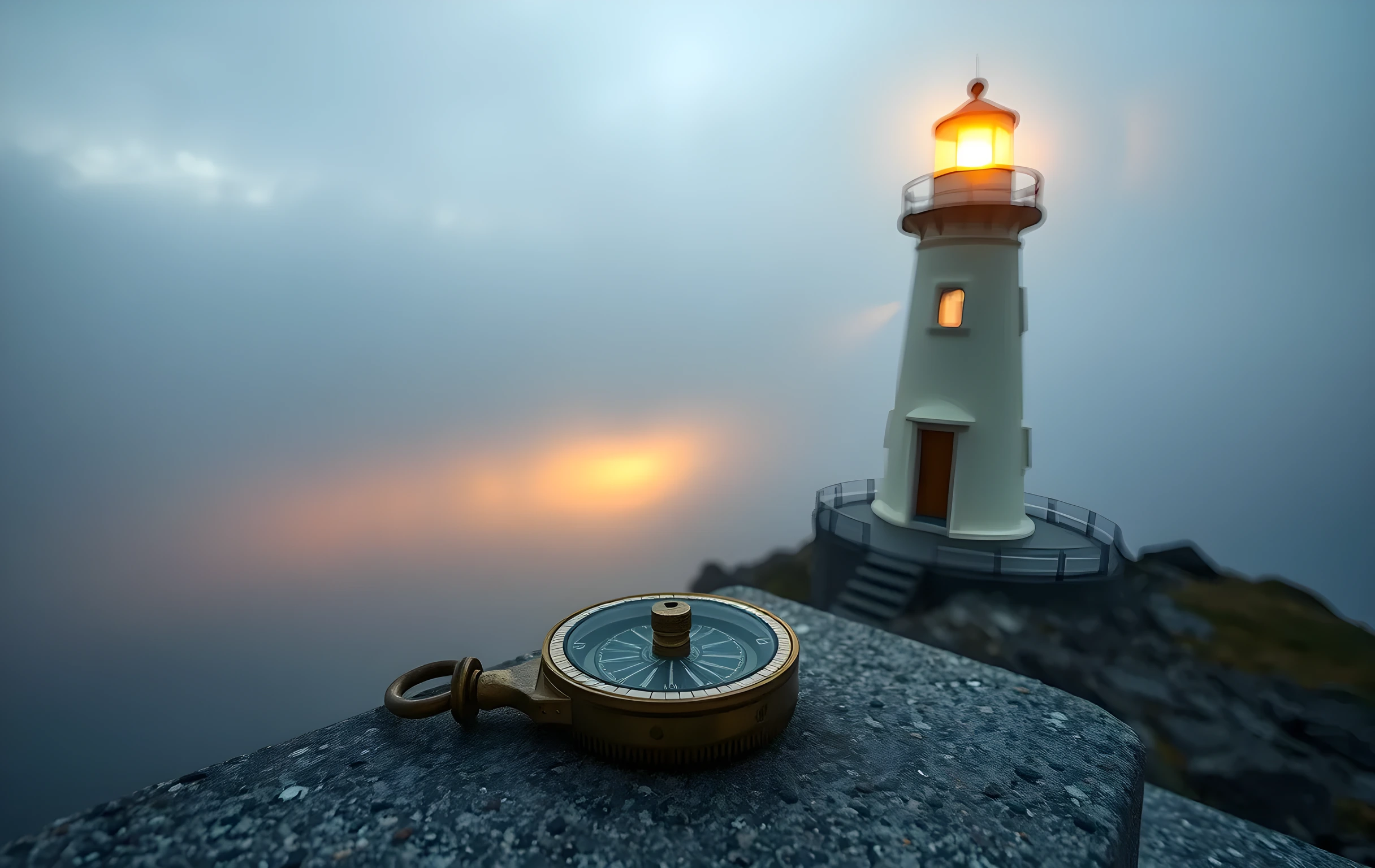 A wide golden-hour seascape from a rocky cliff edge, a tall white lighthouse with a weathered brass compass lying on a flat granite ledge in the foreground, its needle pointing into open space, thick sea mist rolling in from the left side of the frame, the lighthouse beam cutting a pale cone through the fog, deep indigo and amber tones across the water, no people, no text, no buildings
