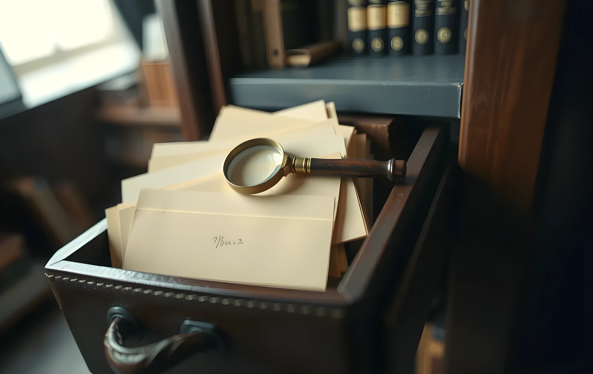 A close-up shallow-focus view of an old leather-bound card catalog drawer pulled partially open on a dark walnut shelf, several blank cream-colored index cards fanned out at slight angles with faint pencil smudges but no legible writing, a small tarnished brass magnifying glass resting across the top card, warm amber light from an unseen source above casting soft shadows between the cards, background dissolving into a soft blur of dark wood shelving and muted shadow, no people, no screens, no text