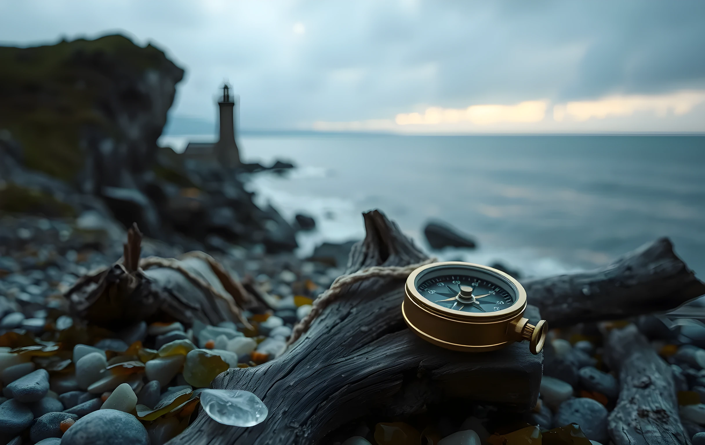 A wide coastal cliff scene at dawn featuring a weathered stone lighthouse standing near the water's edge with a brass ship compass resting on driftwood beside scattered kelp and smooth sea glass under soft morning light