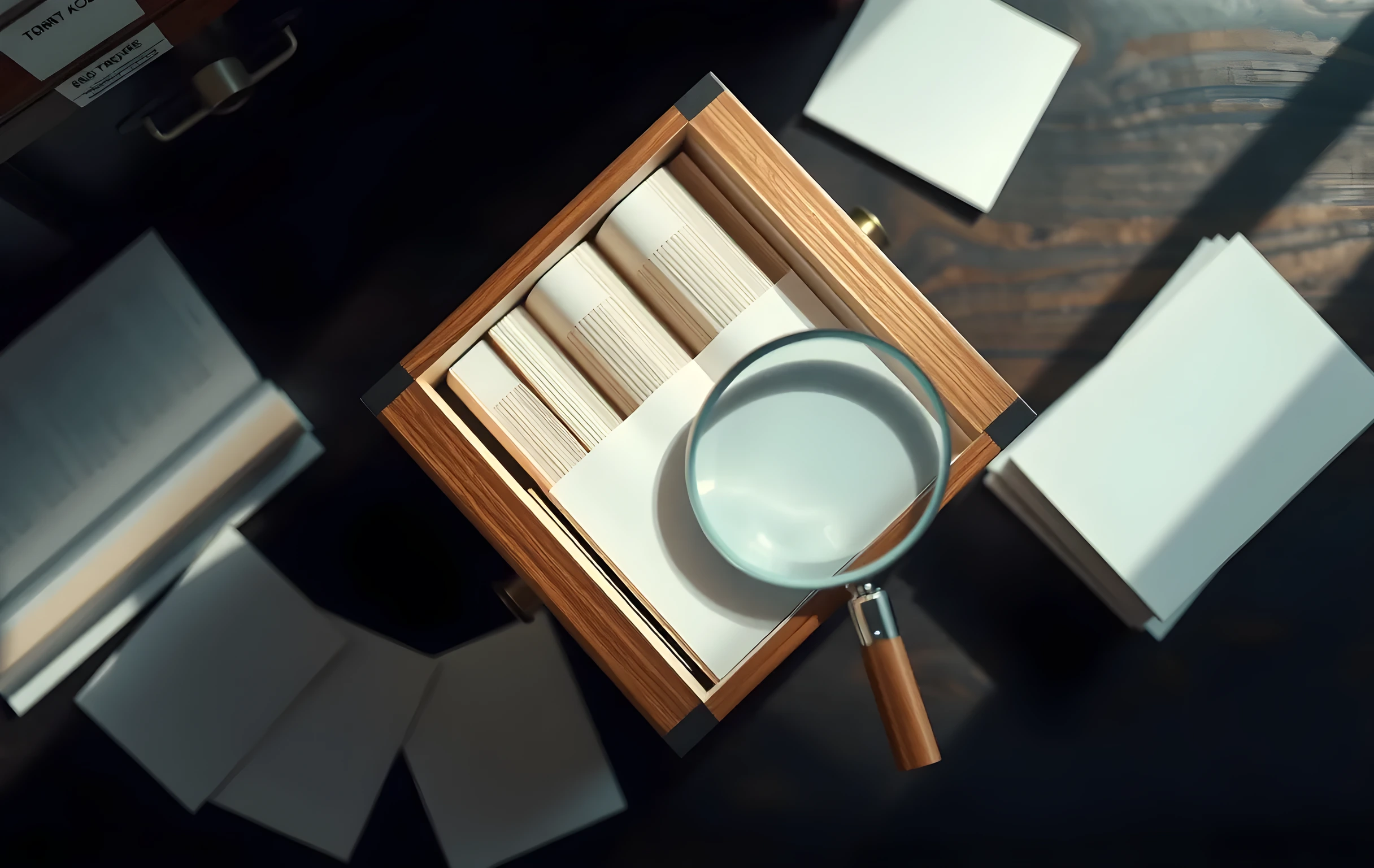 A close detail shot of an open wooden library card catalog drawer displaying brass handles and empty slots, arranged alongside scattered index cards and a polished magnifying glass catching directional sunlight on a dark wood surface