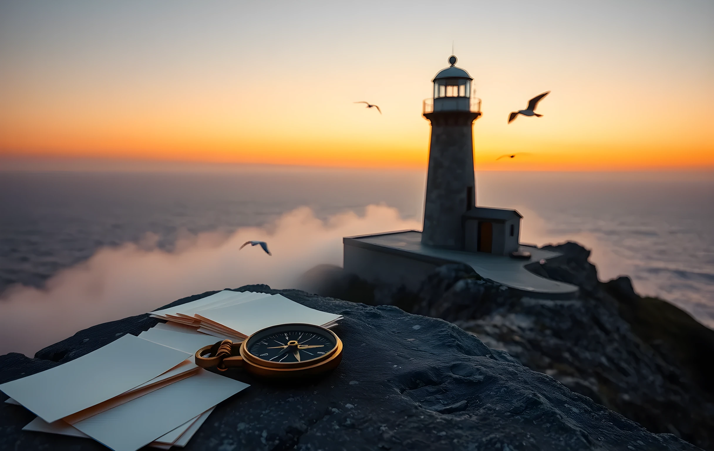 A solitary weathered stone lighthouse standing on a rugged coastal headland during amber sunset, thick sea mist curling around its rocky base, a scattered pile of blank cream-colored index cards and a tarnished brass compass resting on the rough granite ledge in the immediate foreground, distant gulls wheeling high overhead against a gradient sky shifting from deep orange to muted violet