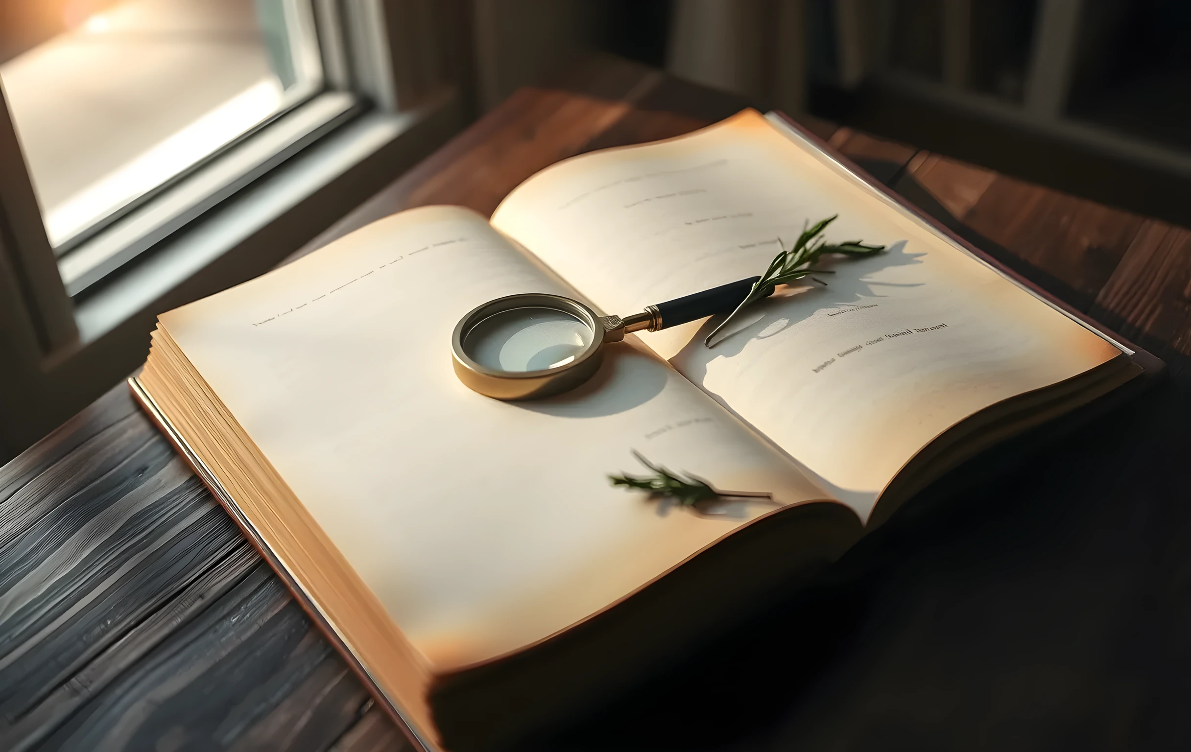 A close-up view of an open thick leather-bound book with blank golden-tinted pages resting on a rough-hewn dark oak table surface near a window with soft diffused morning light, a small polished brass magnifying glass lying diagonally across the center page, beside it a partially folded vintage paper map showing only thin contour lines and no markings, a single dried sprig of rosemary tucked under the book's spine, all bathed in warm directional light casting long soft shadows