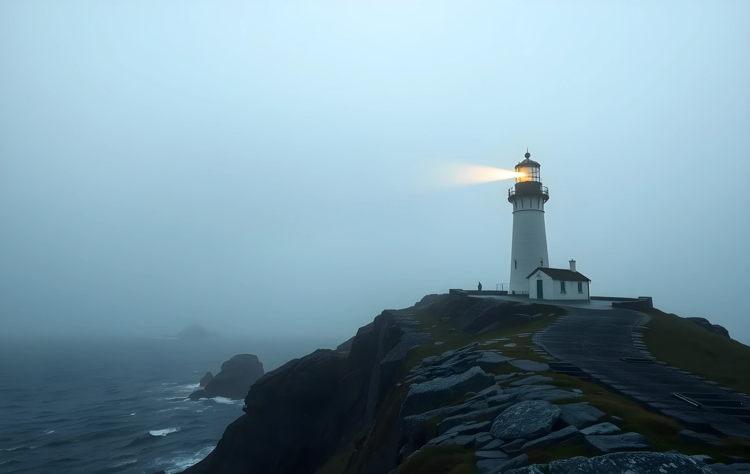 A solitary lighthouse standing on a windswept rocky headland at dawn, its thick beam cutting through a dense bank of sea fog that swallows the horizon. The ocean is grey-green and churning. In the far distance, barely visible through the mist, two or three smaller lighthouse silhouettes dot other headlands. Wide-angle environmental shot, muted palette of slate blue and pale gold, atmospheric depth with heavy fog layers receding into white