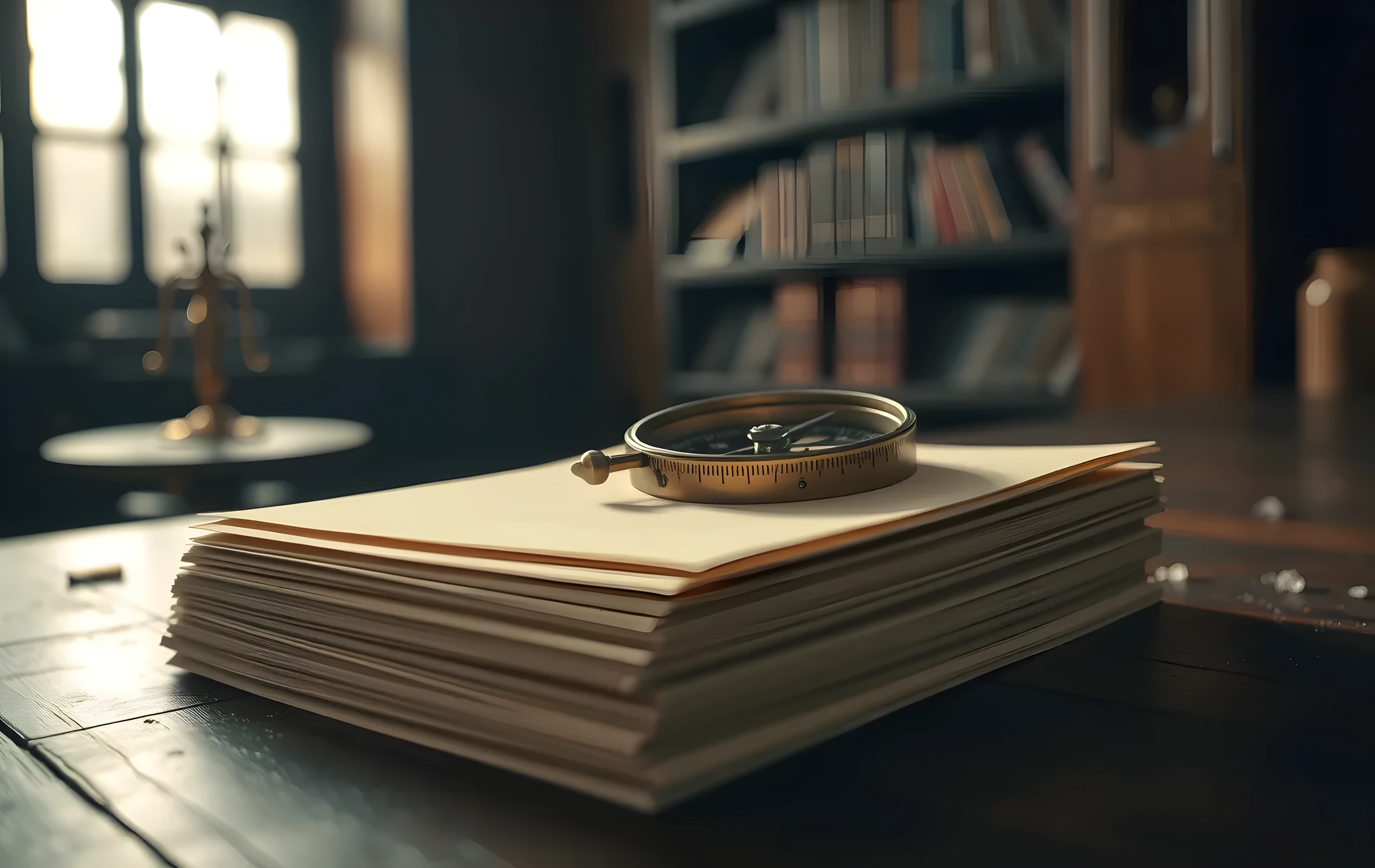 A weathered brass compass lying flat on a thick stack of aged cream-colored index cards in a dimly lit old library reading room. The compass needle points firmly toward one direction while the top card is slightly askew. Soft warm lamplight from the left casts long shadows across the card edges. Shallow depth of field, the background dissolves into dark wooden shelving and drifting dust motes. Close still-life composition, tactile textures of brass, paper grain, and wood